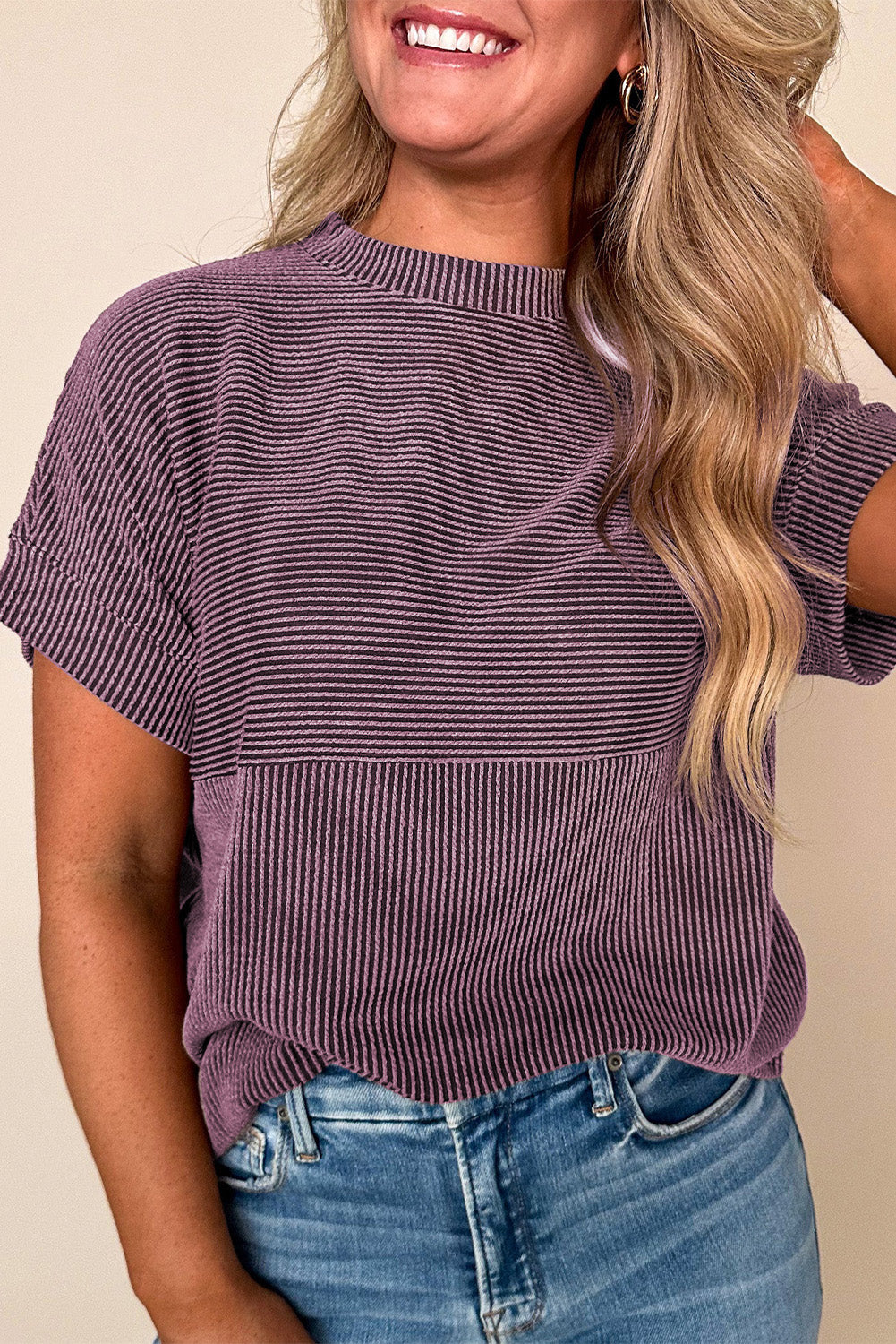 Bright Pink Plain Corded Mock Neck T Shirt
