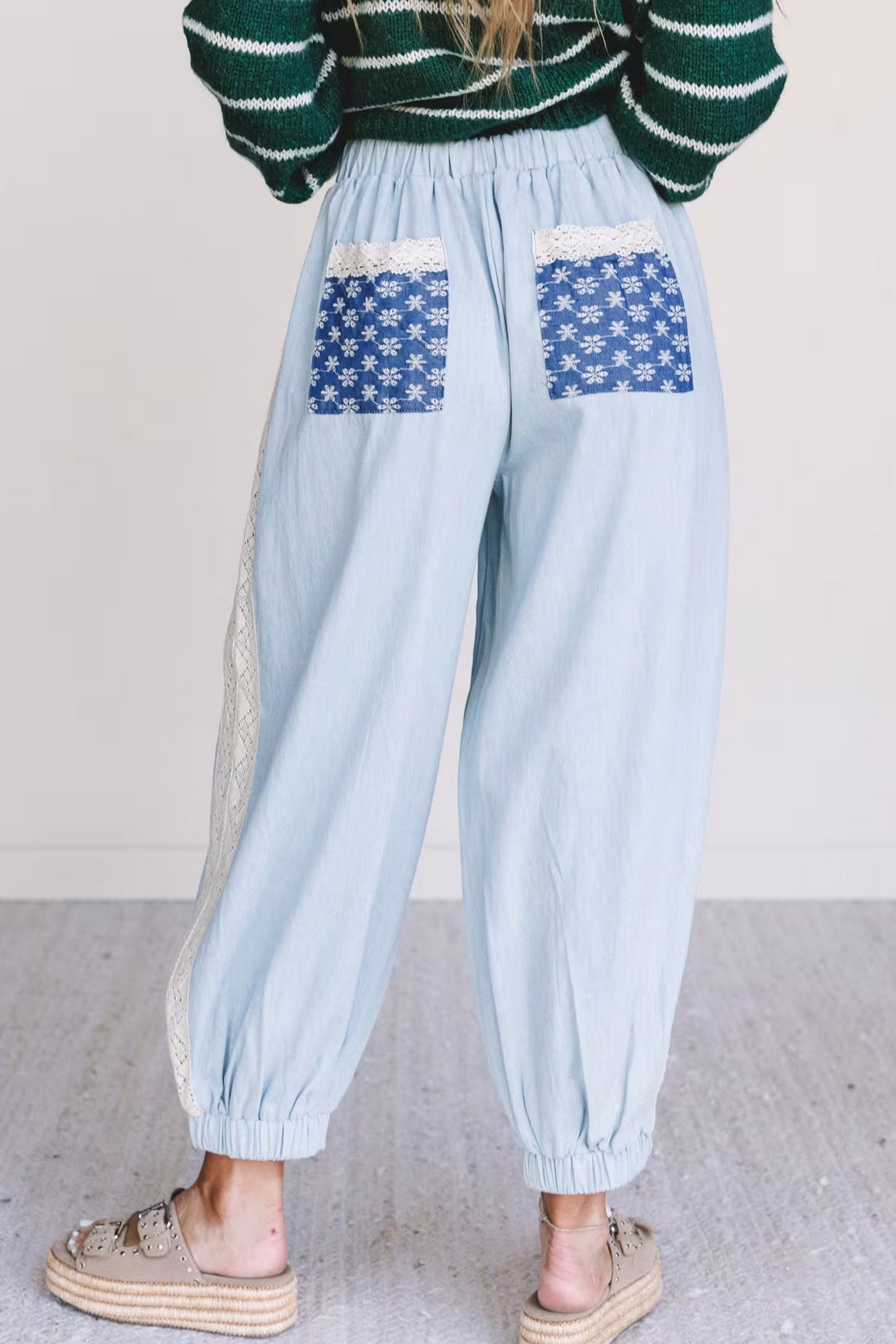 Beau Blue Lace Accent Floral Patched Pocket Pleated Wide Leg Slouchy Pants