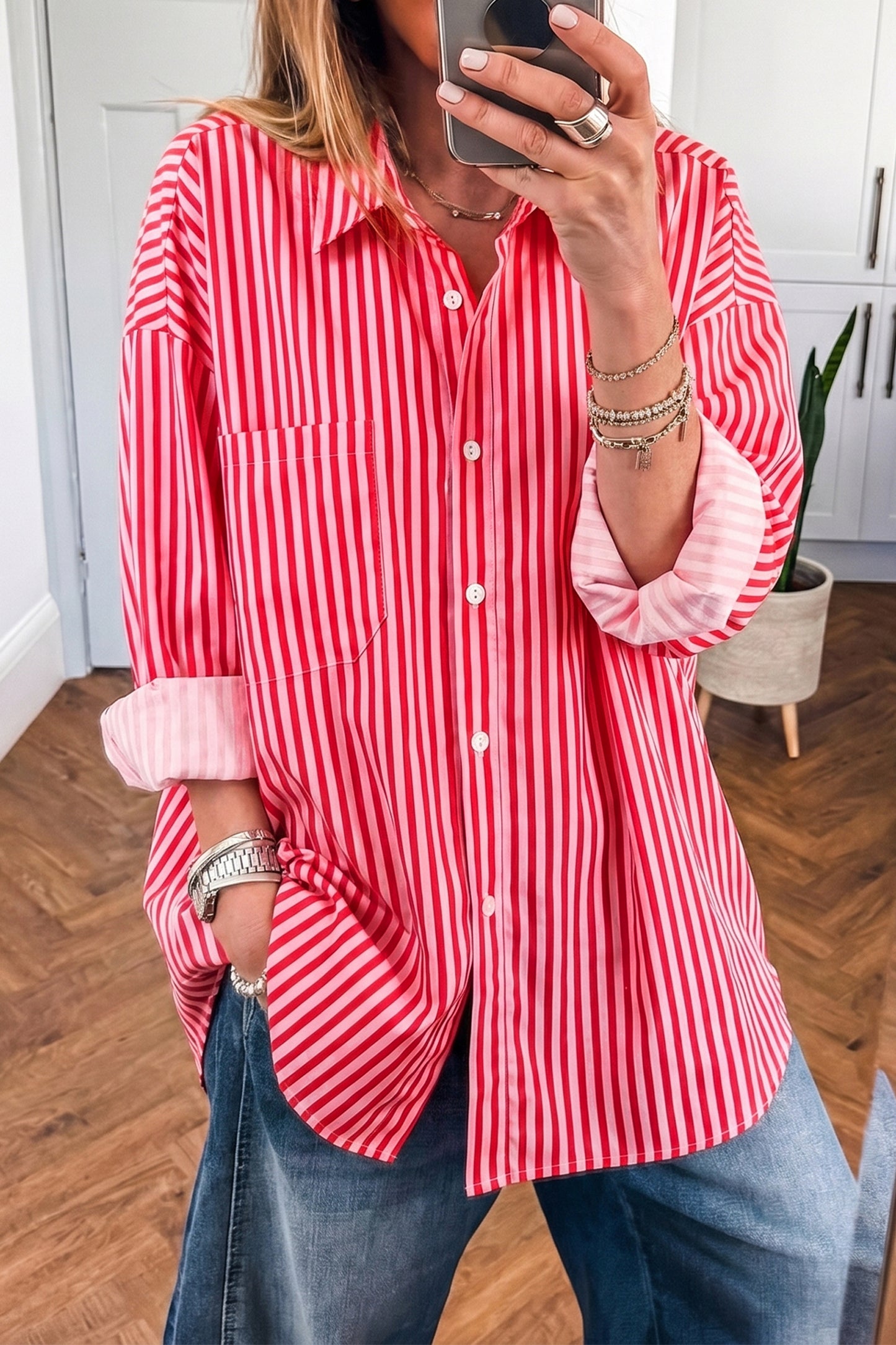 Red Stripe Button-Up Shirt Long Sleeve Patch Pocket Casual Shirt