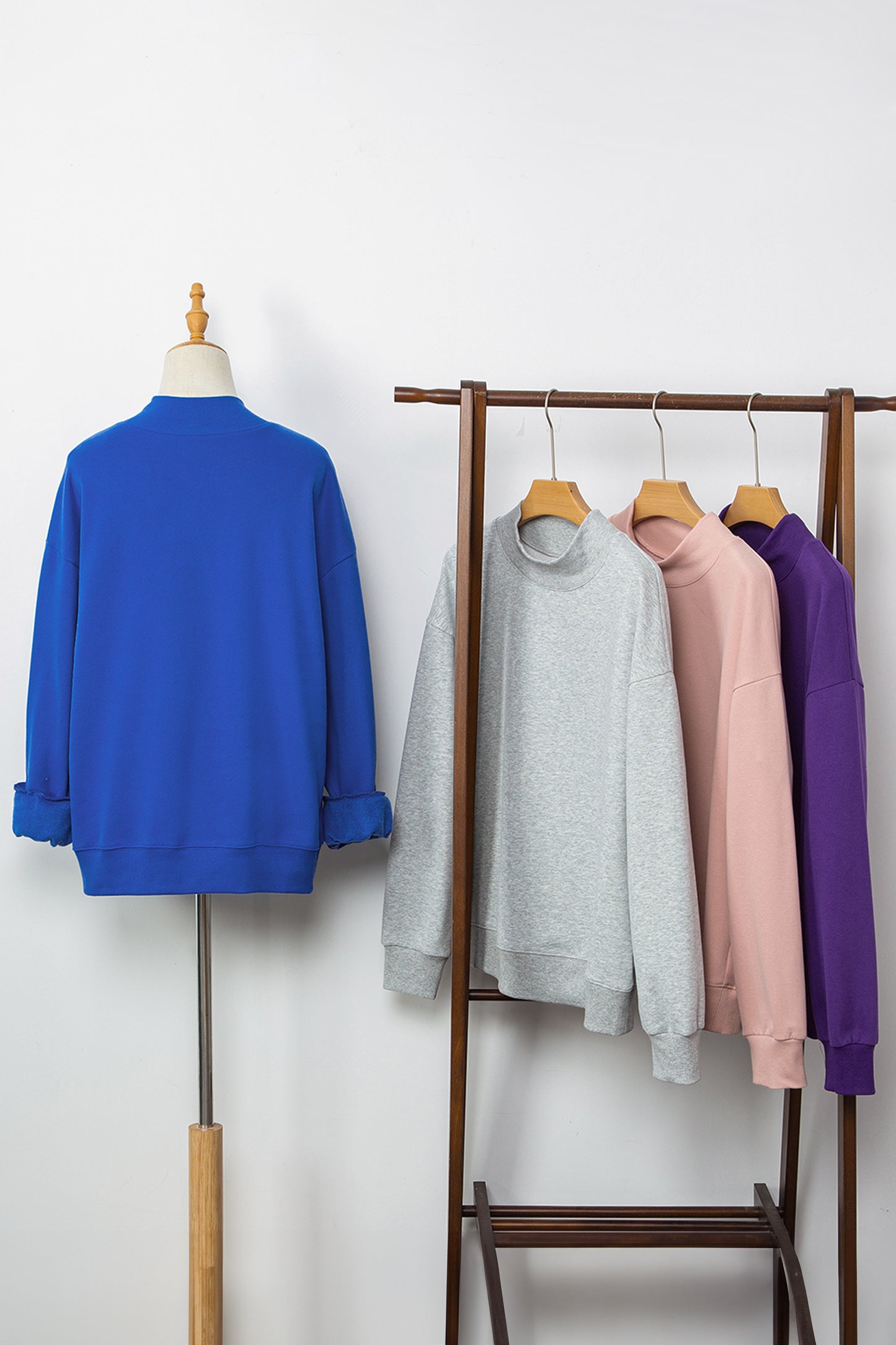 Dark Blue Solid Color Oversized Mock Neck Sweatshirt