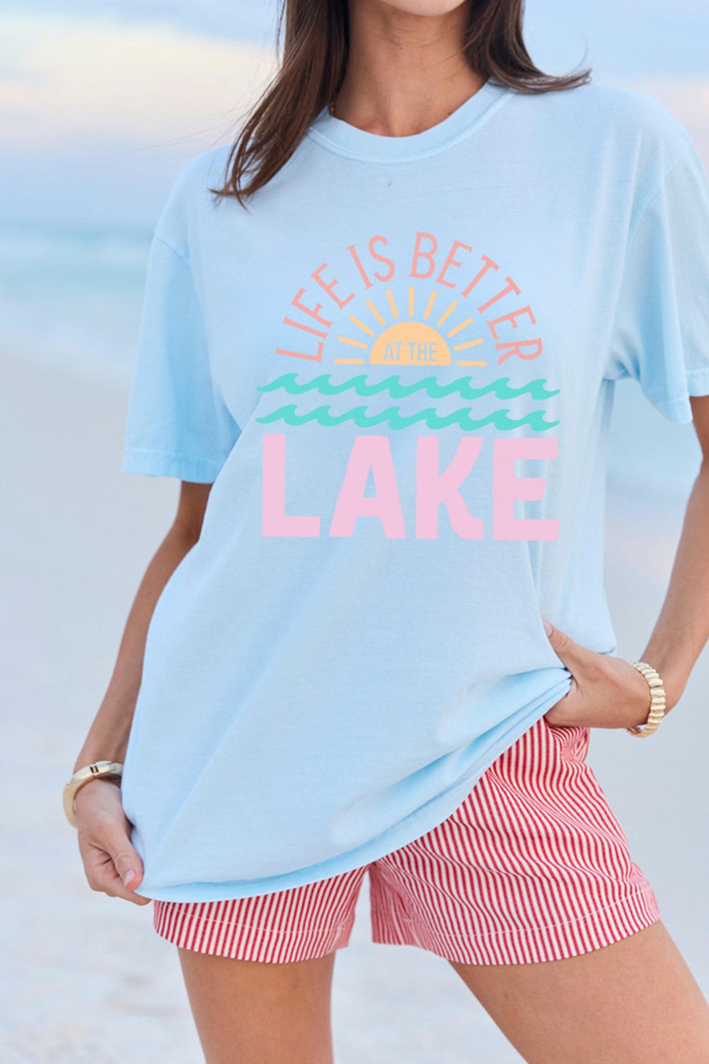 Light Blue LIFE IS BETTER AT THE LAKE Summer Vacation Graphic Tee