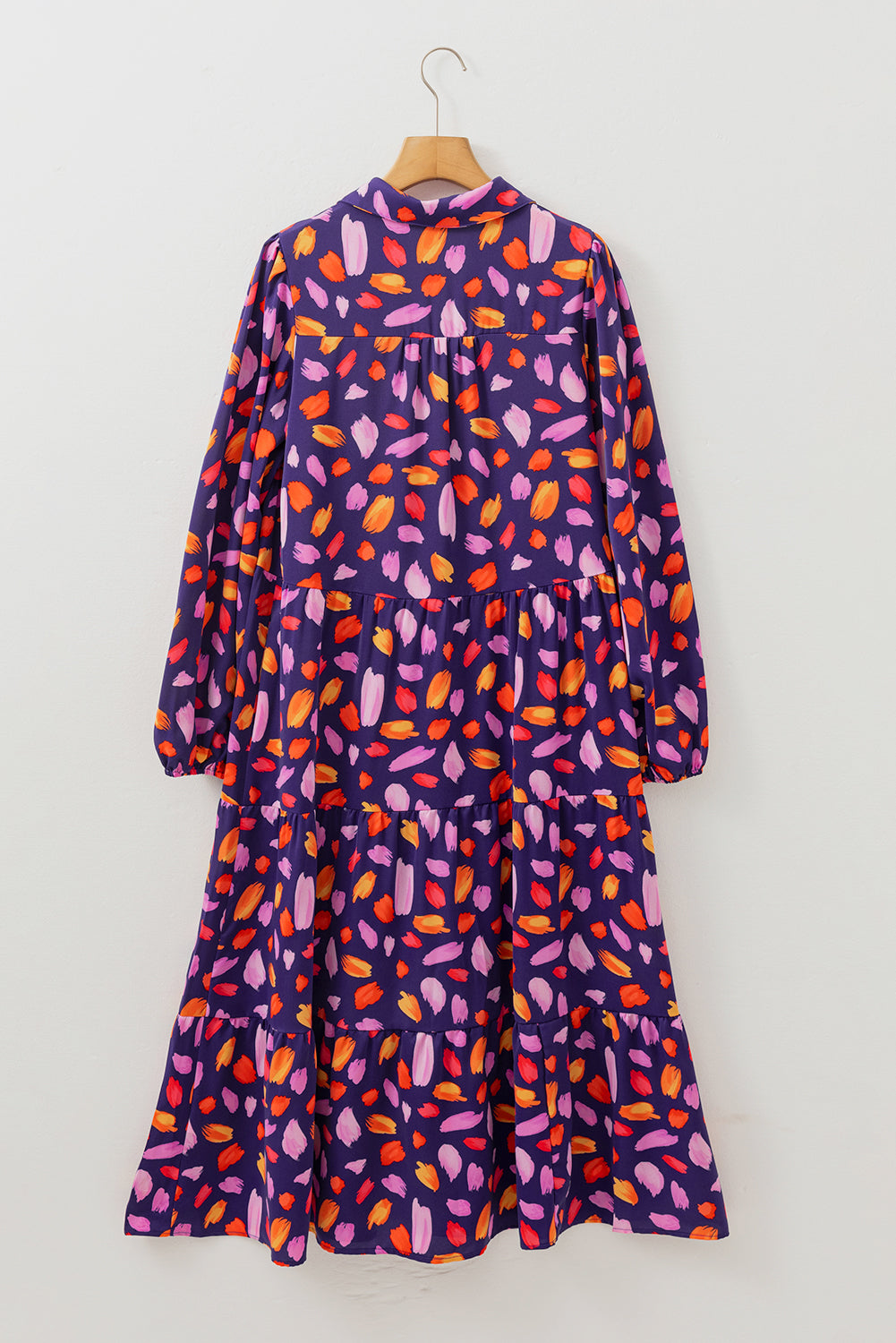 Purple Floral Print Collared Tiered Flowy Long Dress