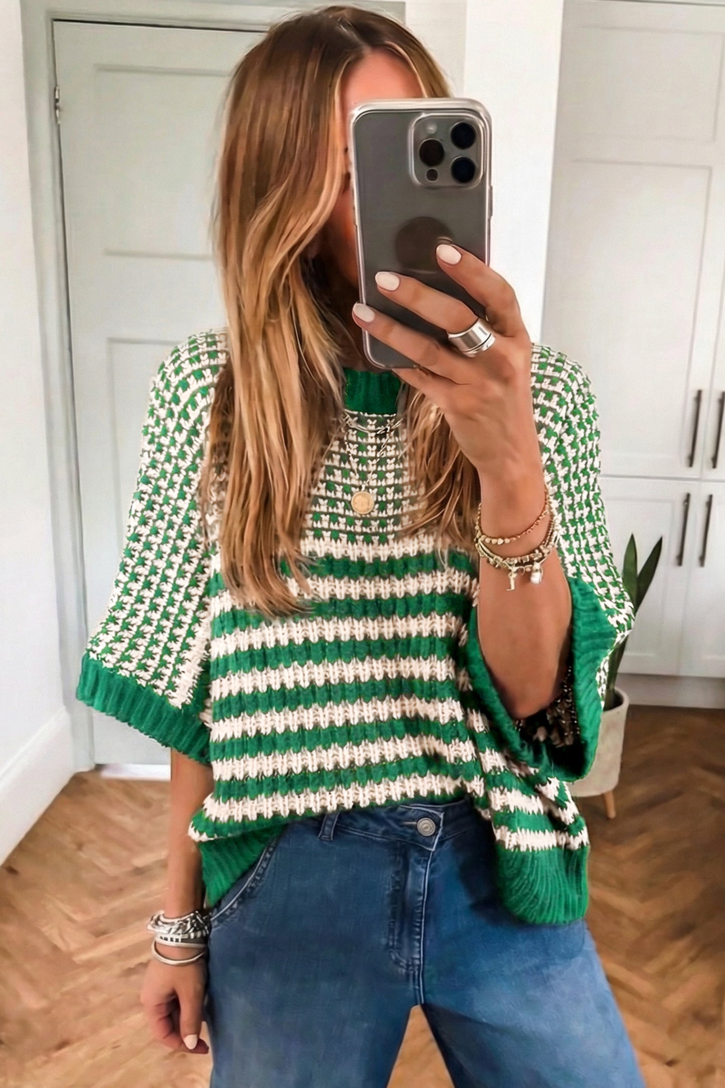 Green Stripe 3/4 Draped Sleeve Slouchy Sweater