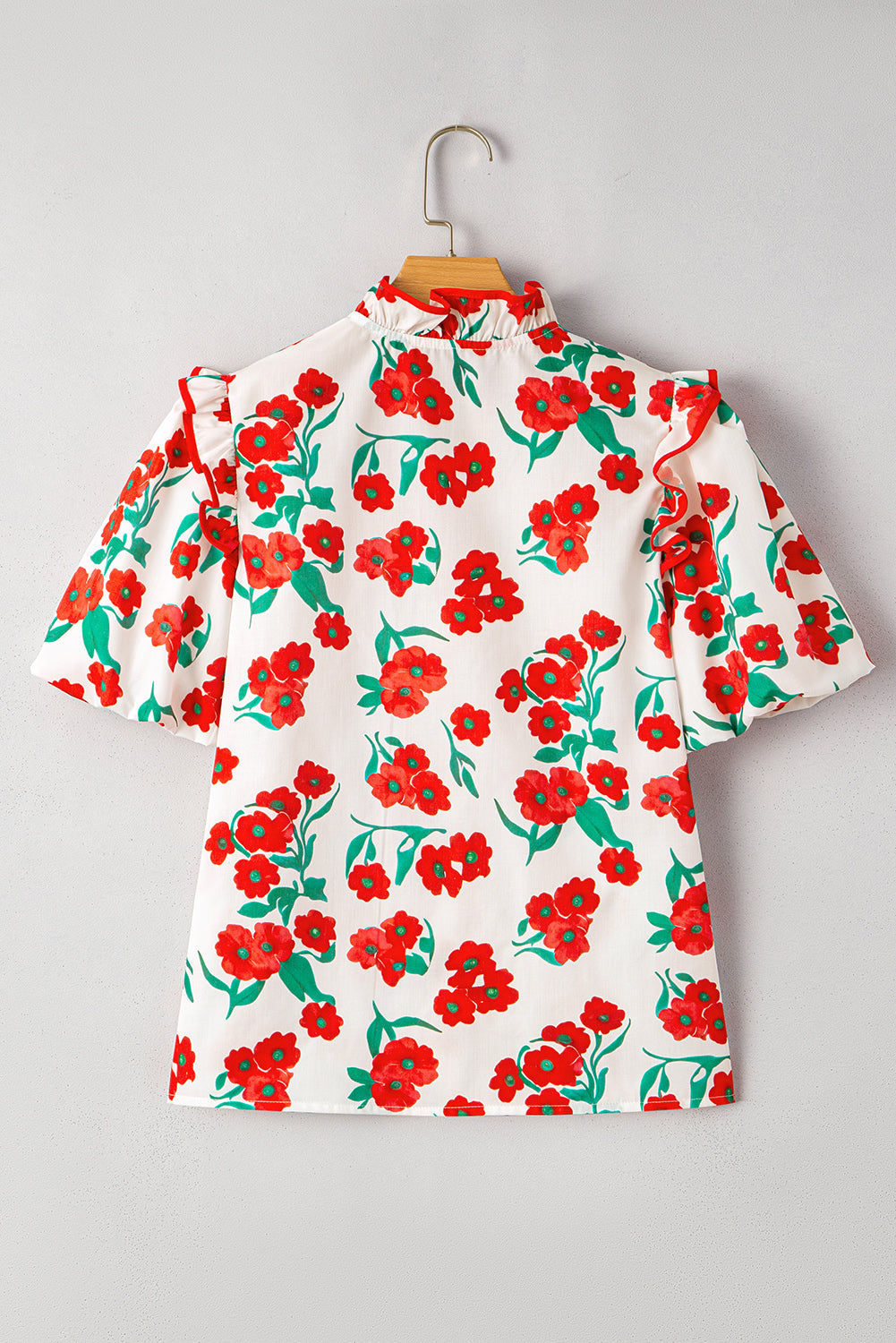 Red Floral Print Ruffled Puff Sleeve Elegant Summer Shirt