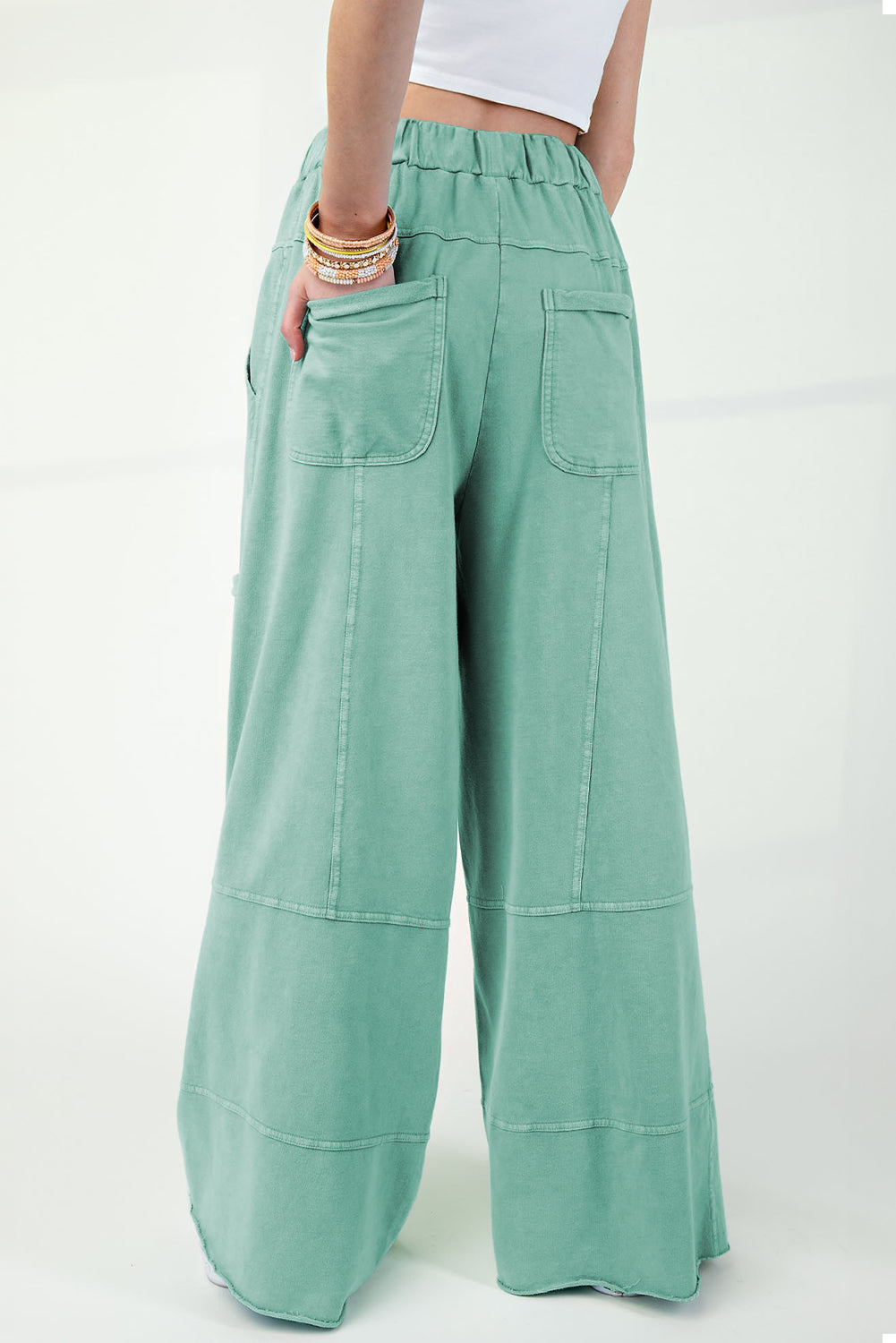 Mint Green Mineral Wash Exposed Seam Drawstring High Waist Wide Leg Cargo Pants