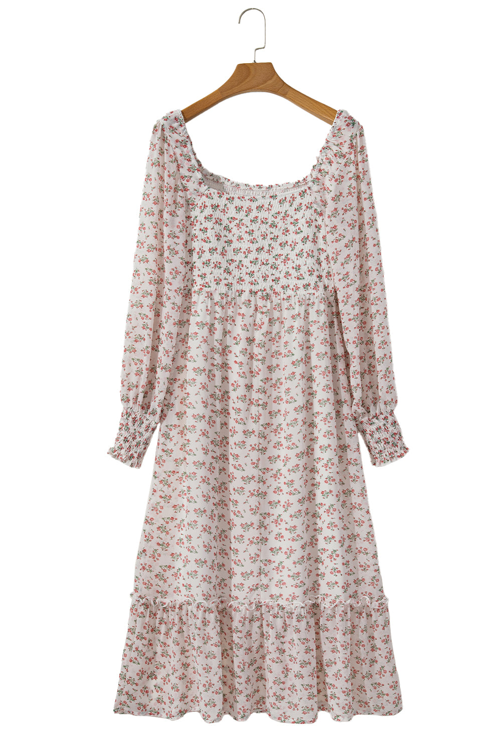 White Floral Print Shirred Ruffled Hem Square Neck Midi Dress