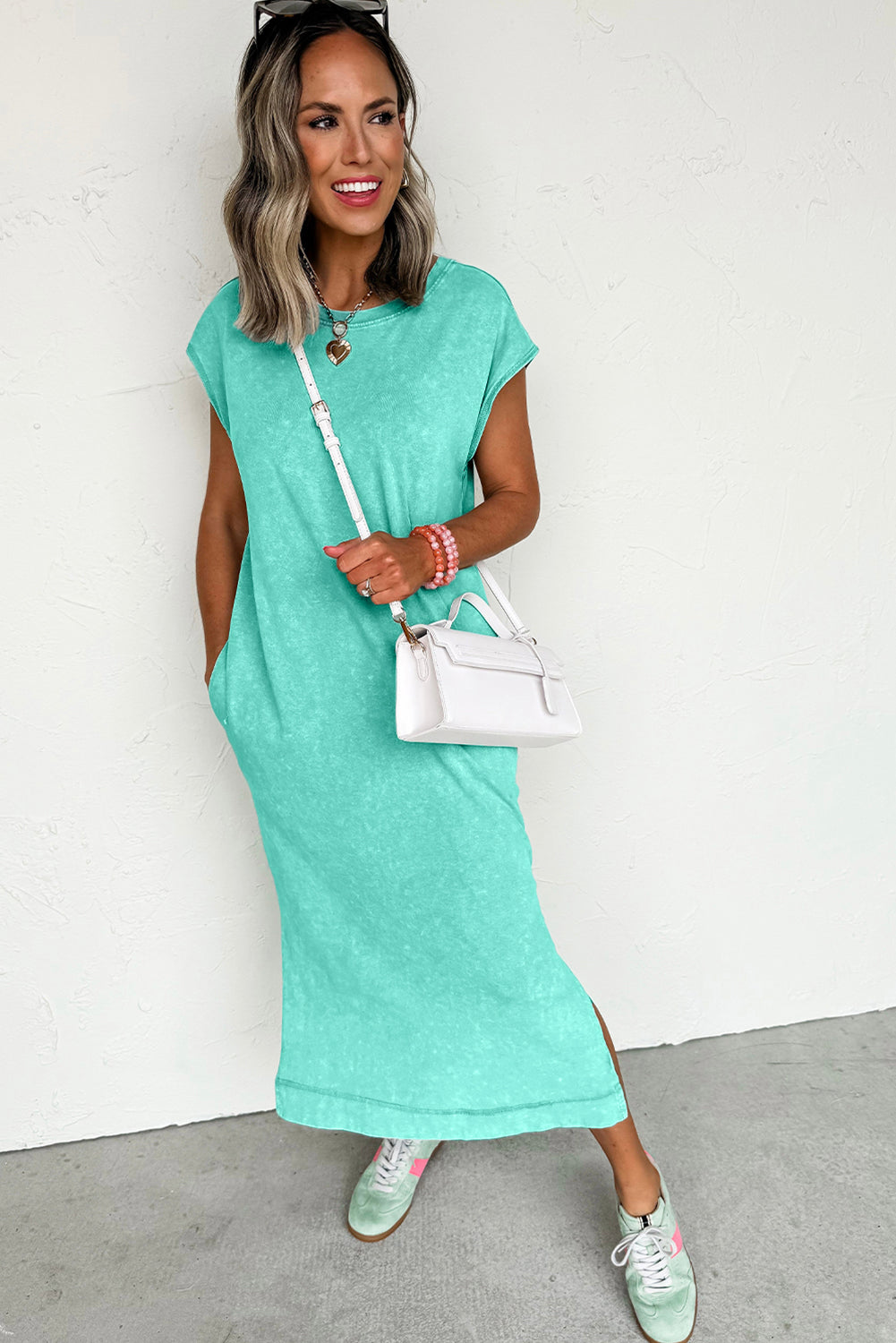 Clearly Aqua Mineral Wash Pocketed T-shirt Long Dress