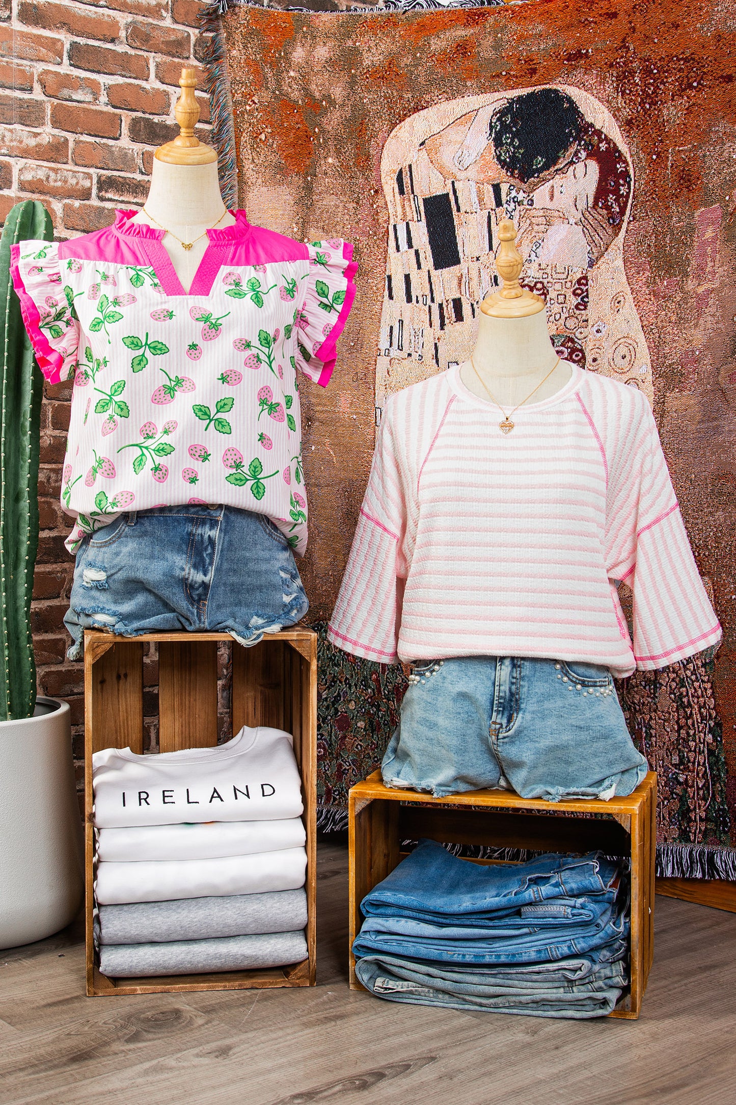 Pink Stripe Textured Knit Split Hem Half Sleeve Loose Top