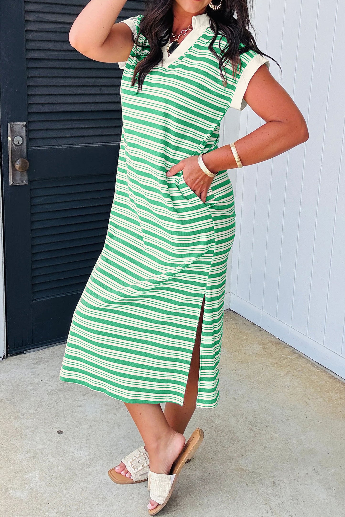 Green Stripe Collared V Neck Short Sleeve T Shirt Midi Dress with Pockets