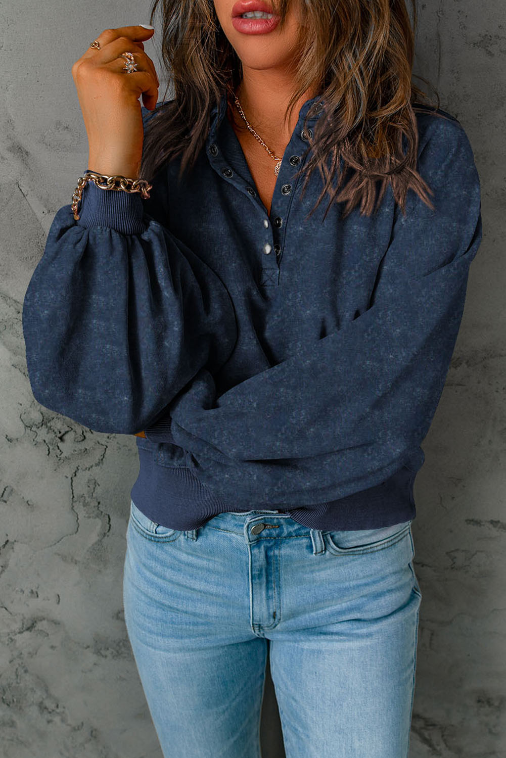 Blue Washed Snap Buttons Lantern Sleeve Pullover Sweatshirt