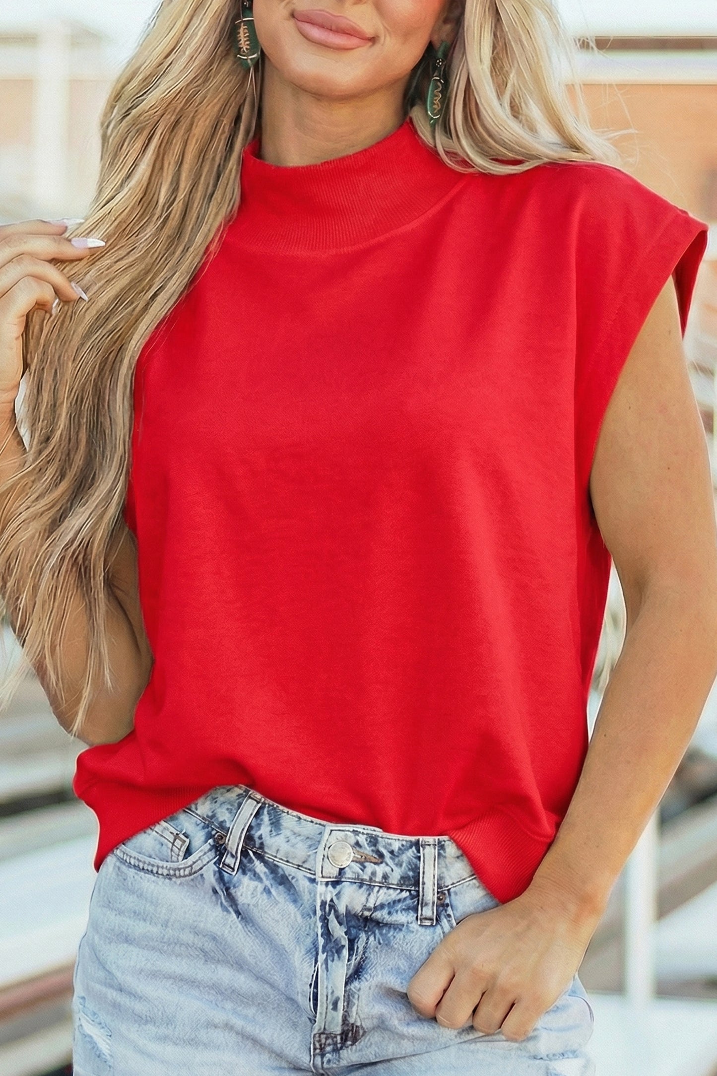 White Solid Color High Neck Cap Sleeve Loose Top