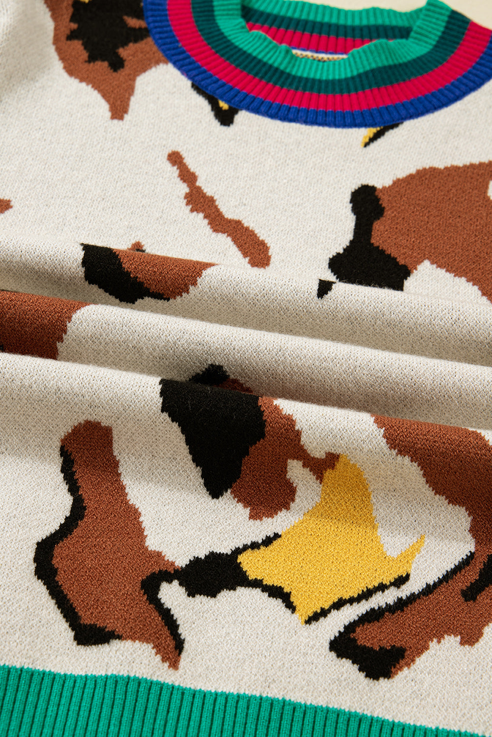 Apricot Contrast Ribbed Stripes Animal Pattern Knit Sweater