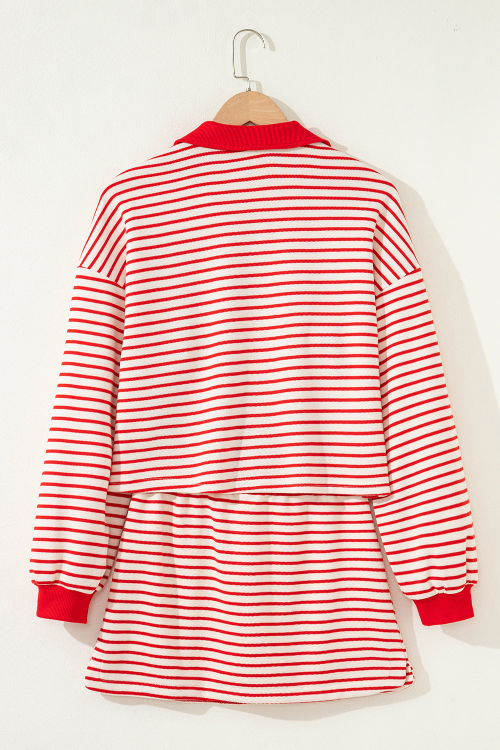 Red Stripe Collared V Neck Drop Shoulder Pullover and Skort 2pcs Outfit