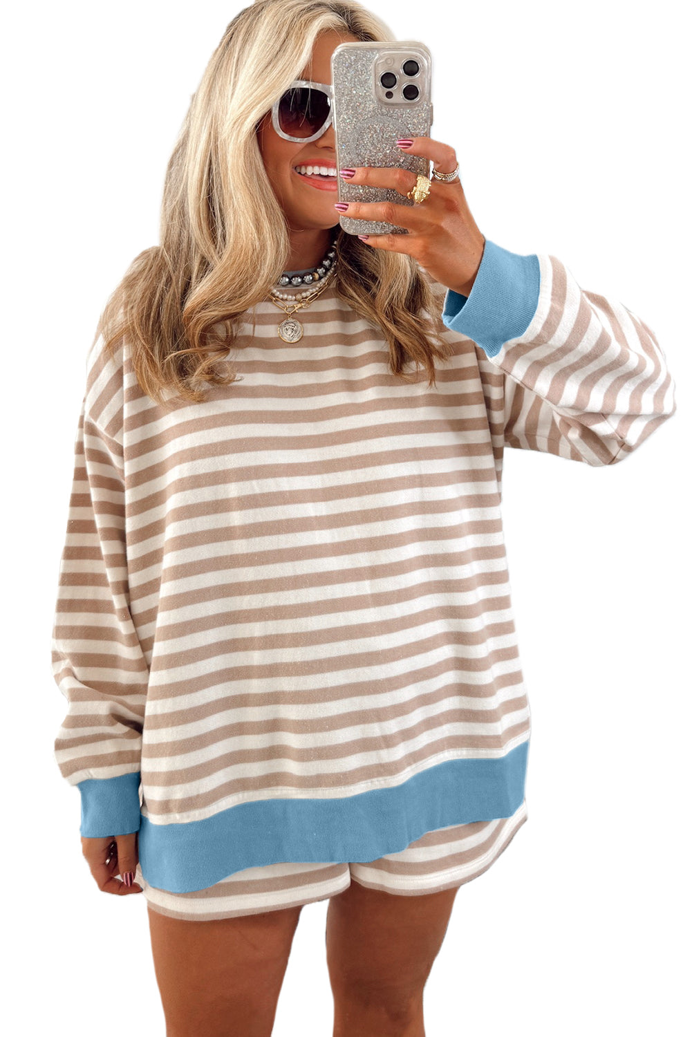 Khaki Striped Contrast Edge Drop Shoulder Pullover and Shorts Plus Size Set