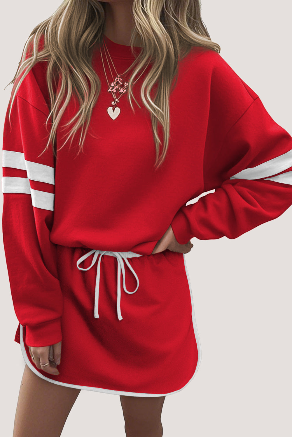 Fiery Red Varsity Stripe Detail Drop Shoulder Pullover Mini Skort Set