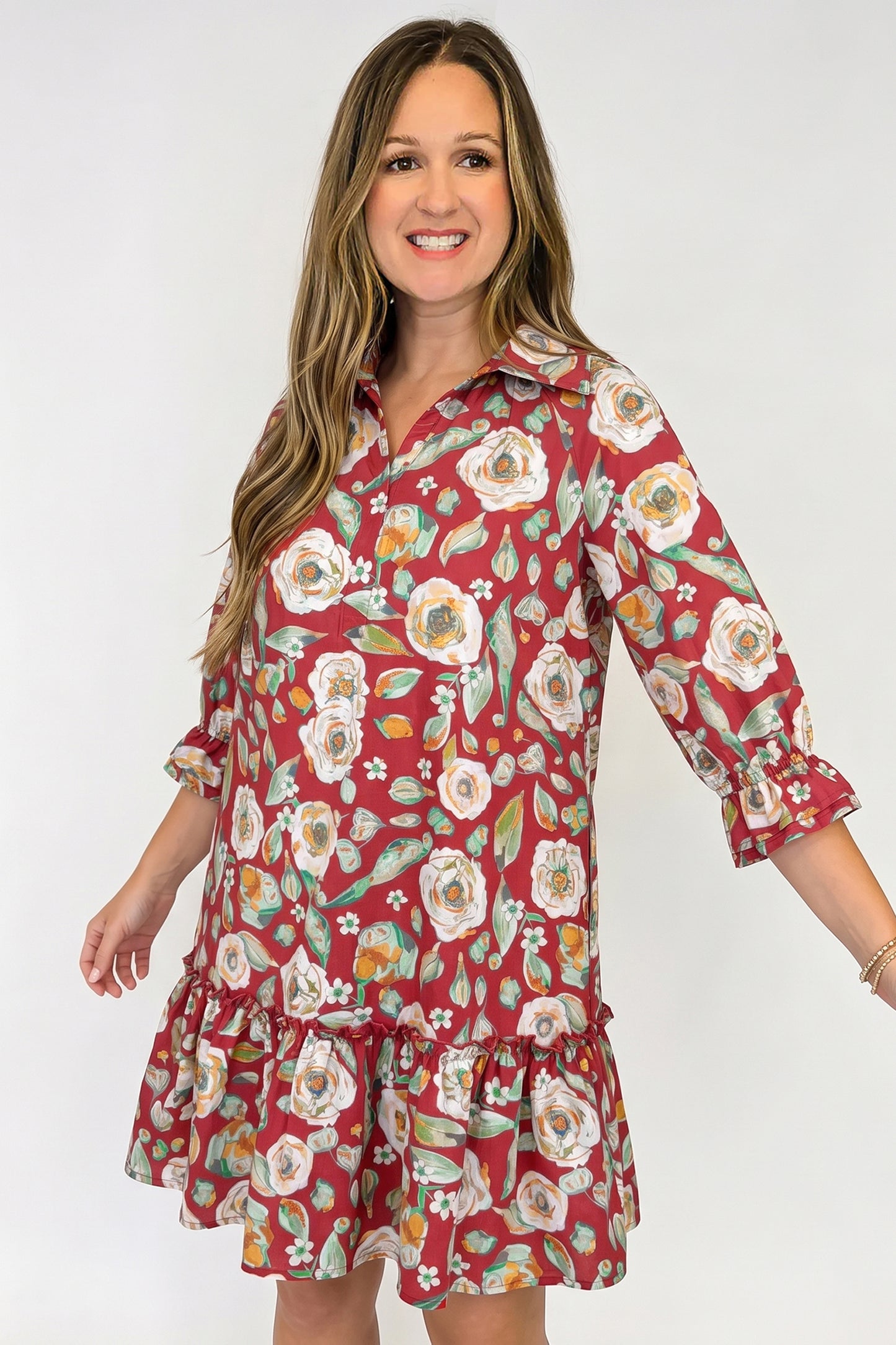 Red Floral Print Half Sleeve Short Shift Dress