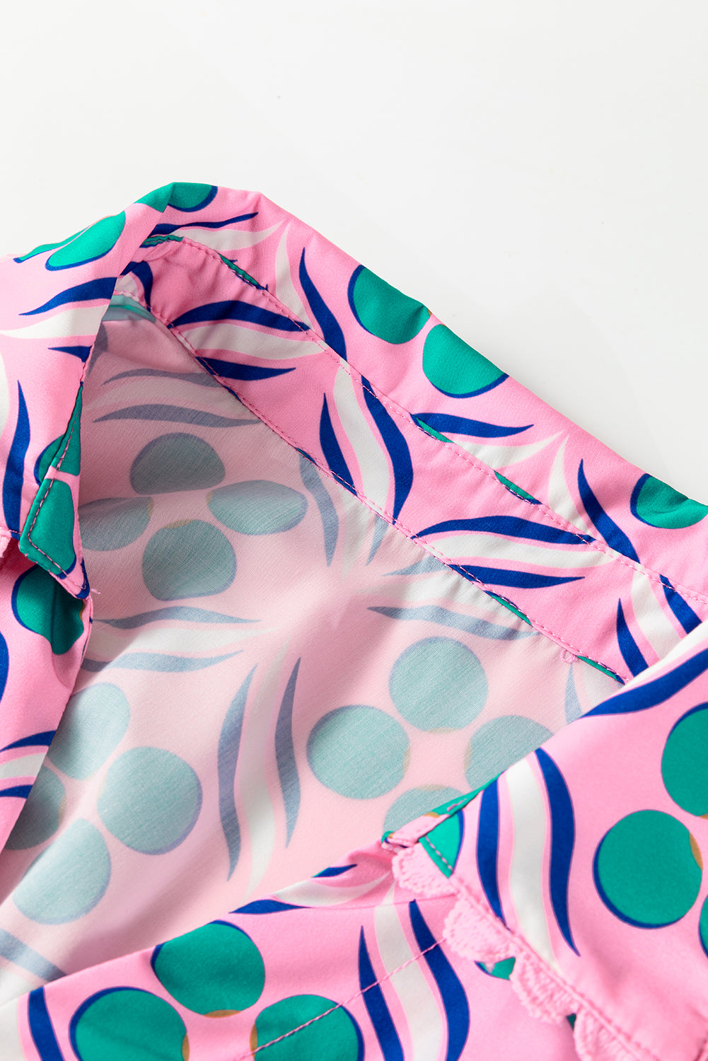 Pink Geometric Print V-Neck Ricrac Trim Mini Dress