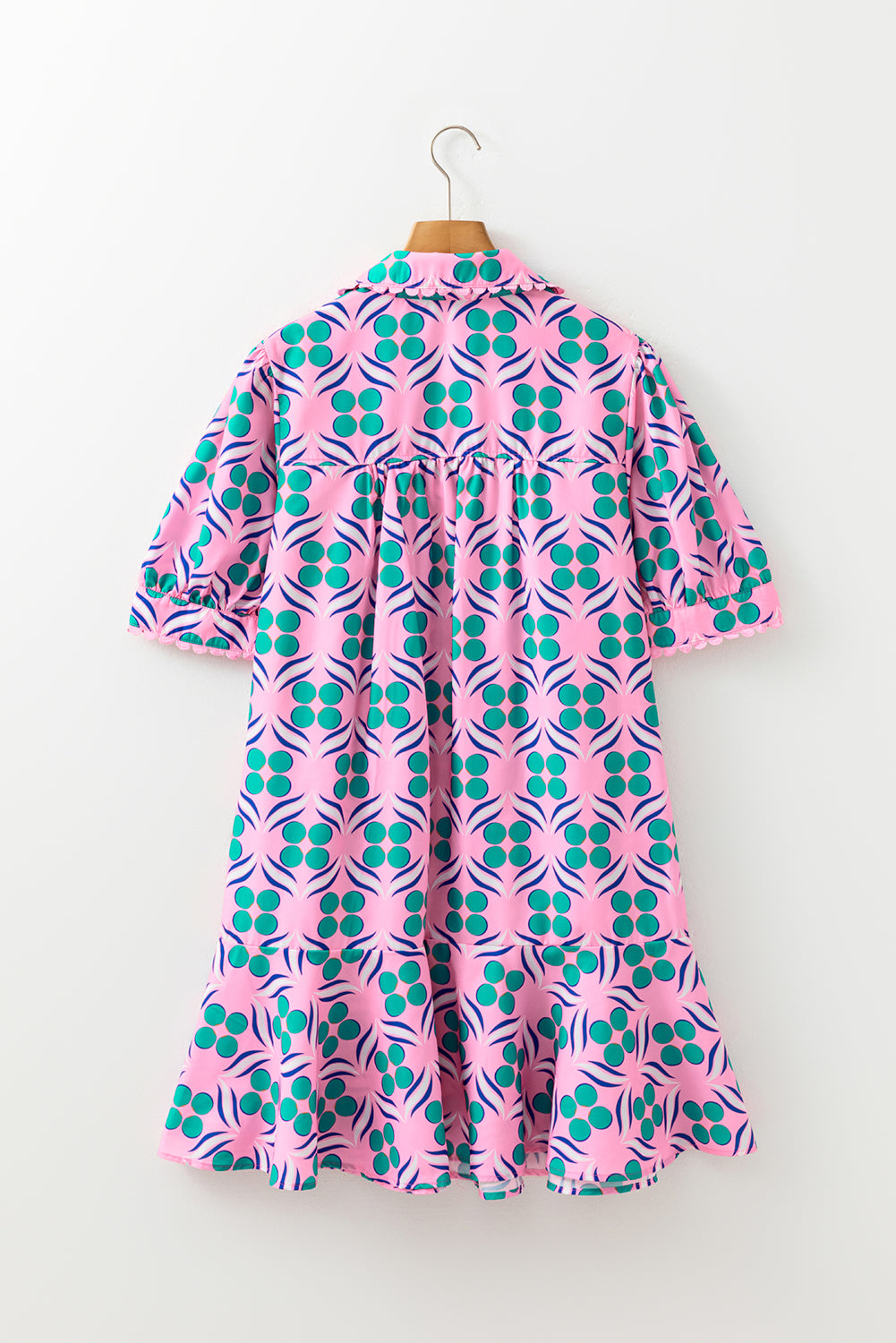Pink Geometric Print V-Neck Ricrac Trim Mini Dress
