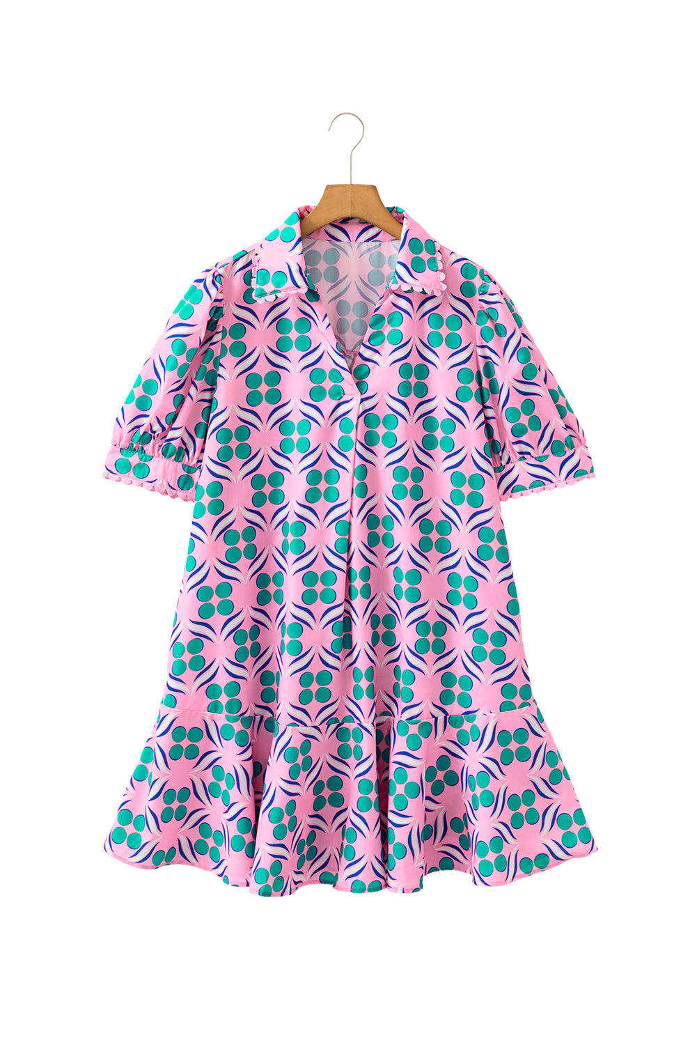 Pink Geometric Print V-Neck Ricrac Trim Mini Dress