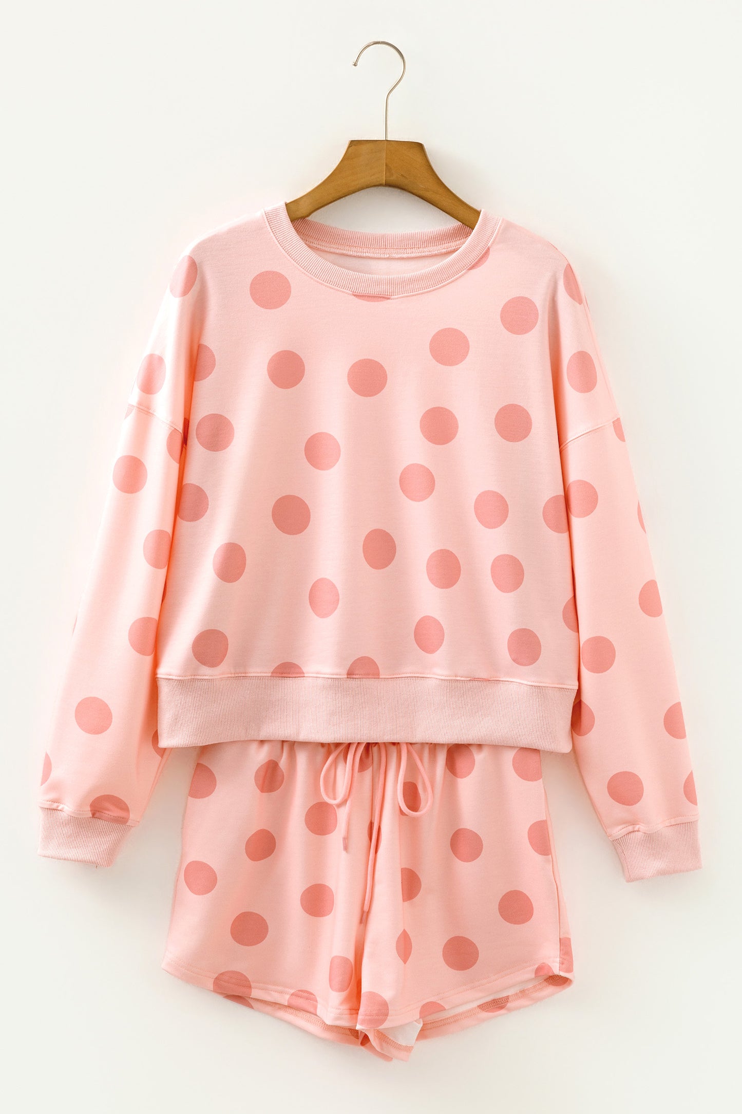Pink Polka Dot Print Drop Shoulder Pullover Drawstring Shorts Set