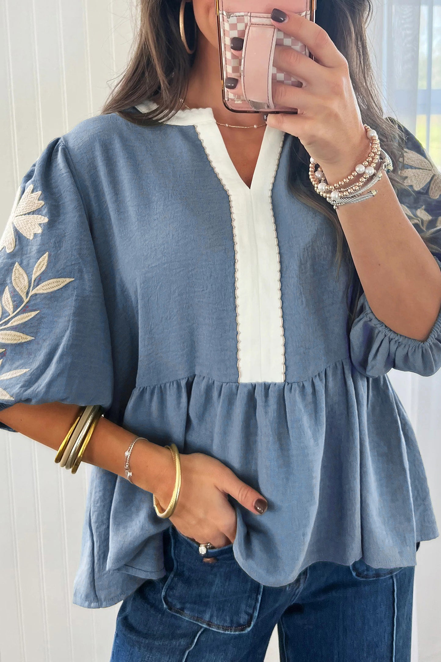 Smoke Green Color Block Patchwork V Neck Embroidered Puff Sleeve Babydoll Blouse