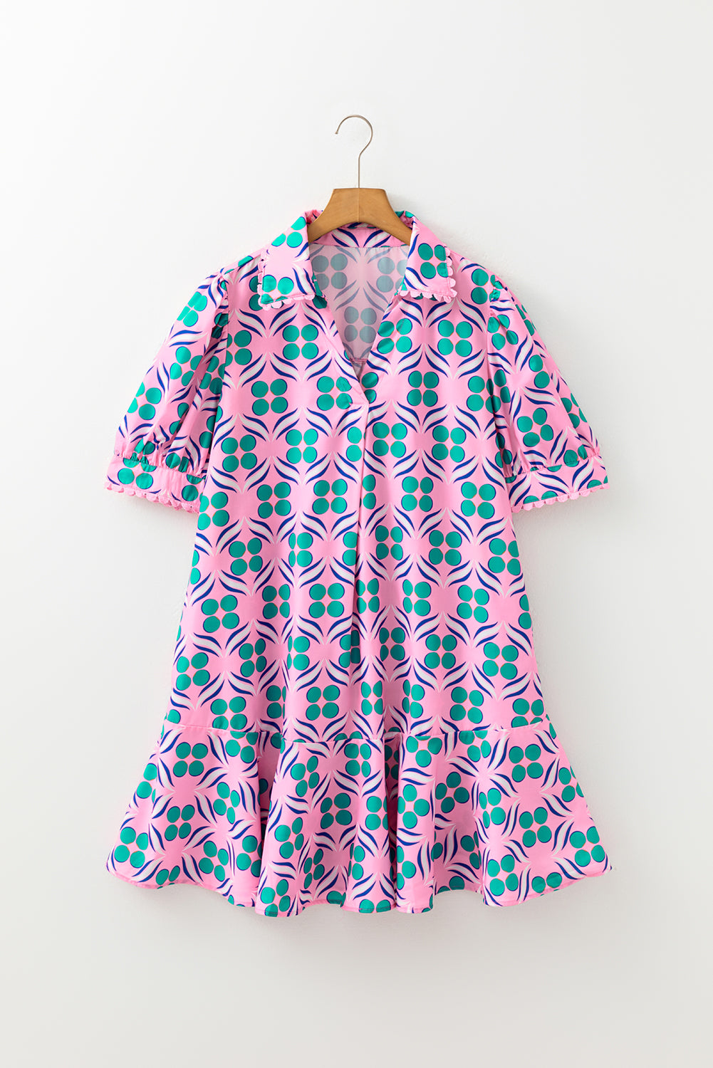 Pink Geometric Print V-Neck Ricrac Trim Mini Dress