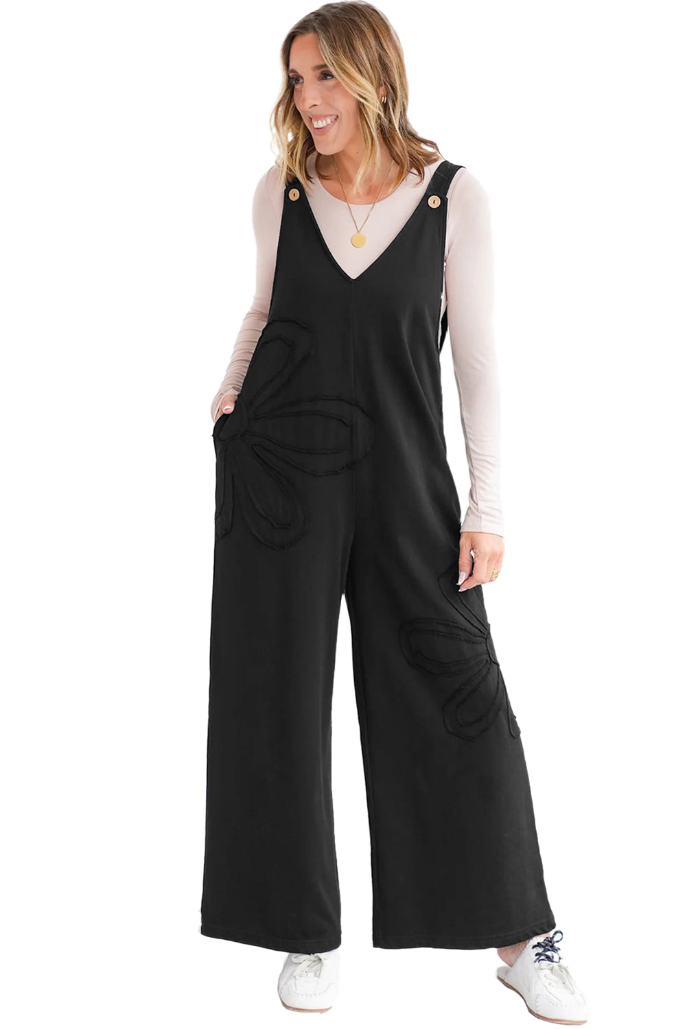 Black Solid Color Raw Seam Big Flower Patched Loose Overall Jumpsuit