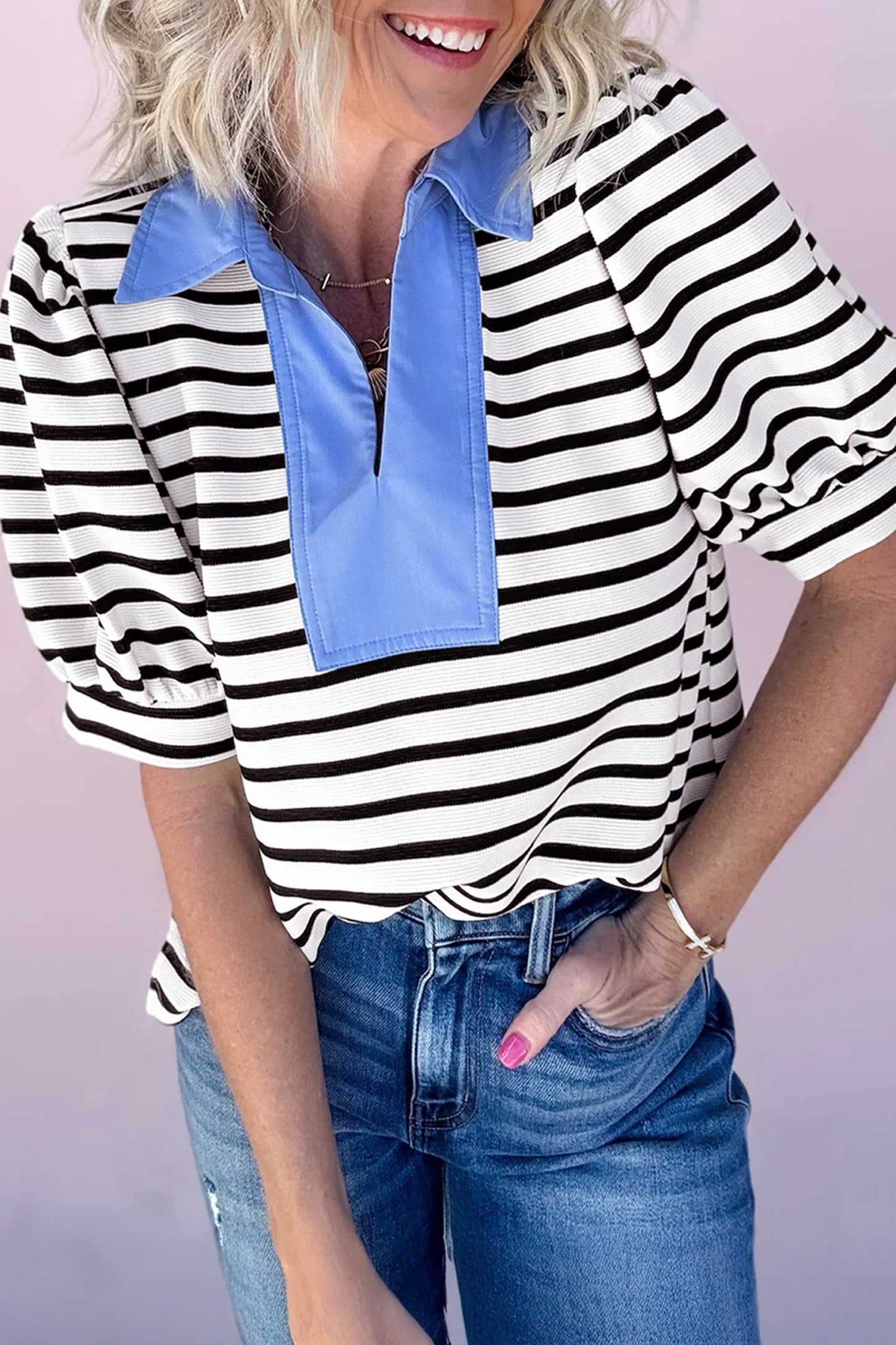 Blue Stripe Short Puff Sleeve Color Block Polo Collar Blouse