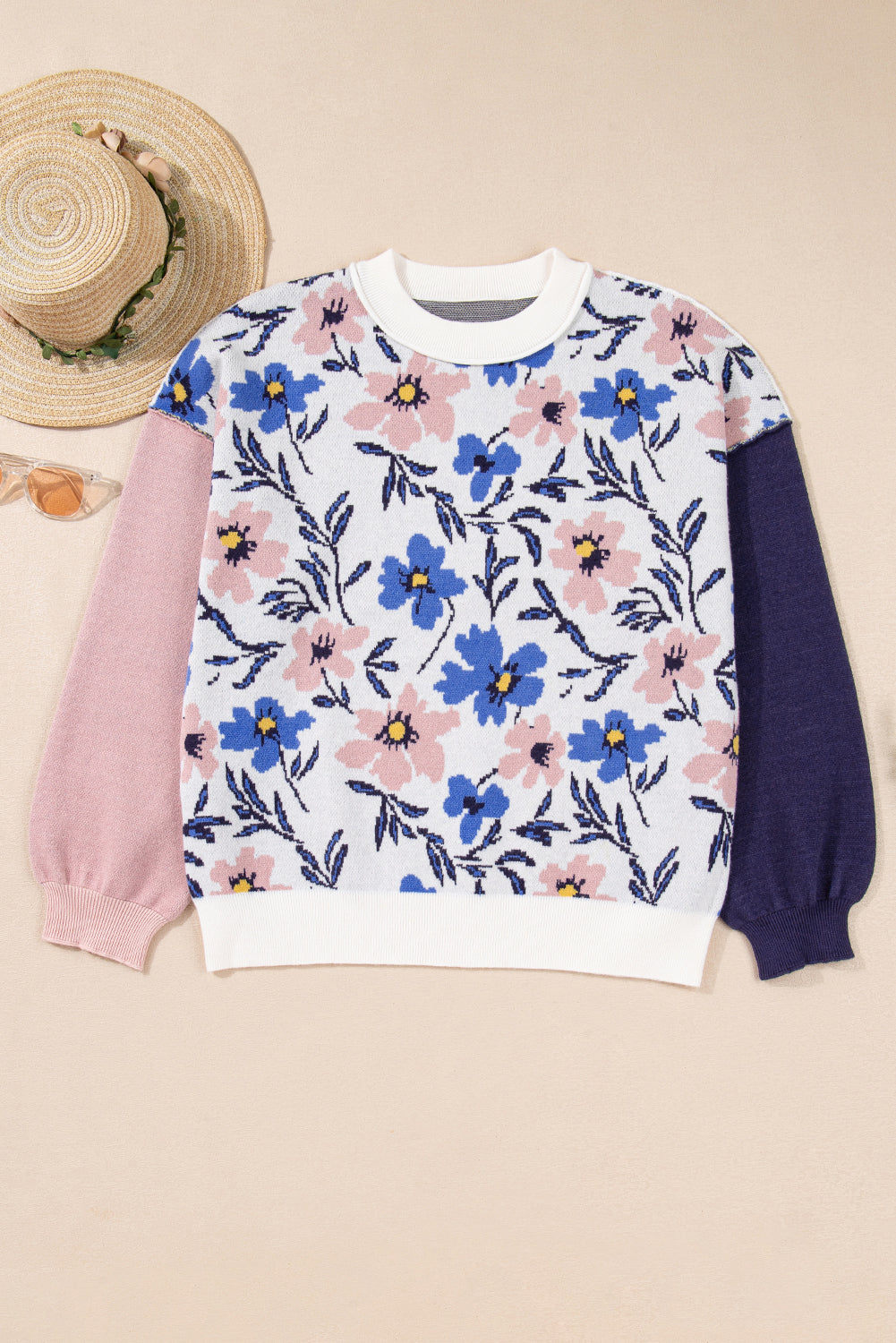 Khaki Vibrant Floral Contrast Colorblock Sleeve Pullover Sweater