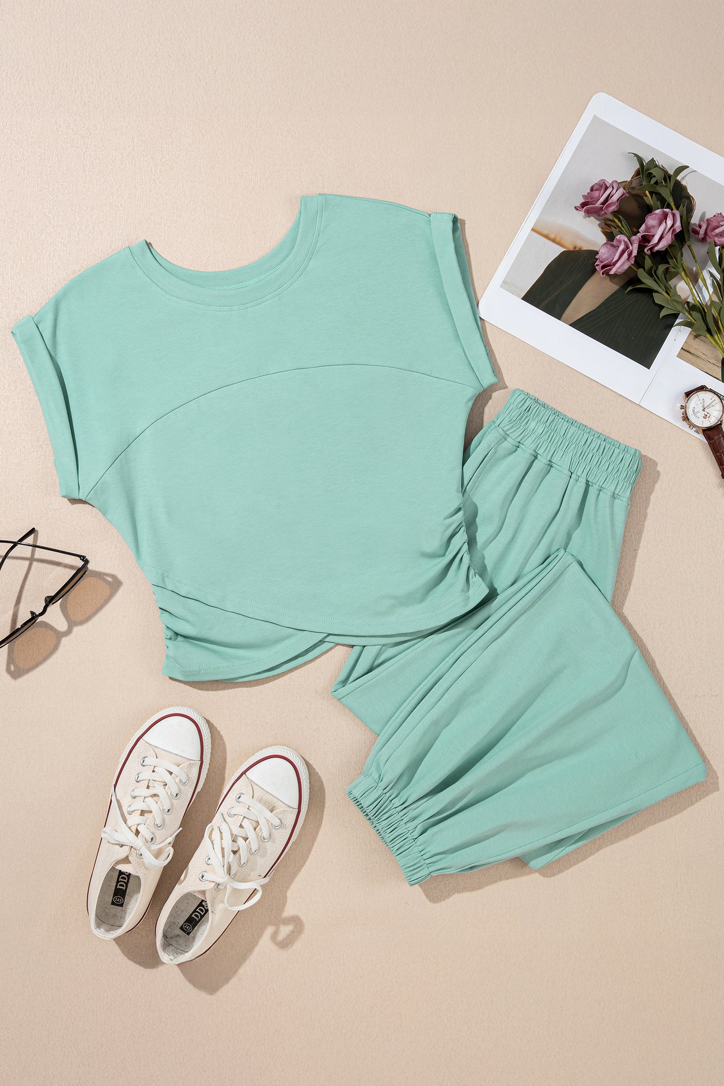 Yellow Cream Solid Color Cropped Tank Top and Jogger Pants Set