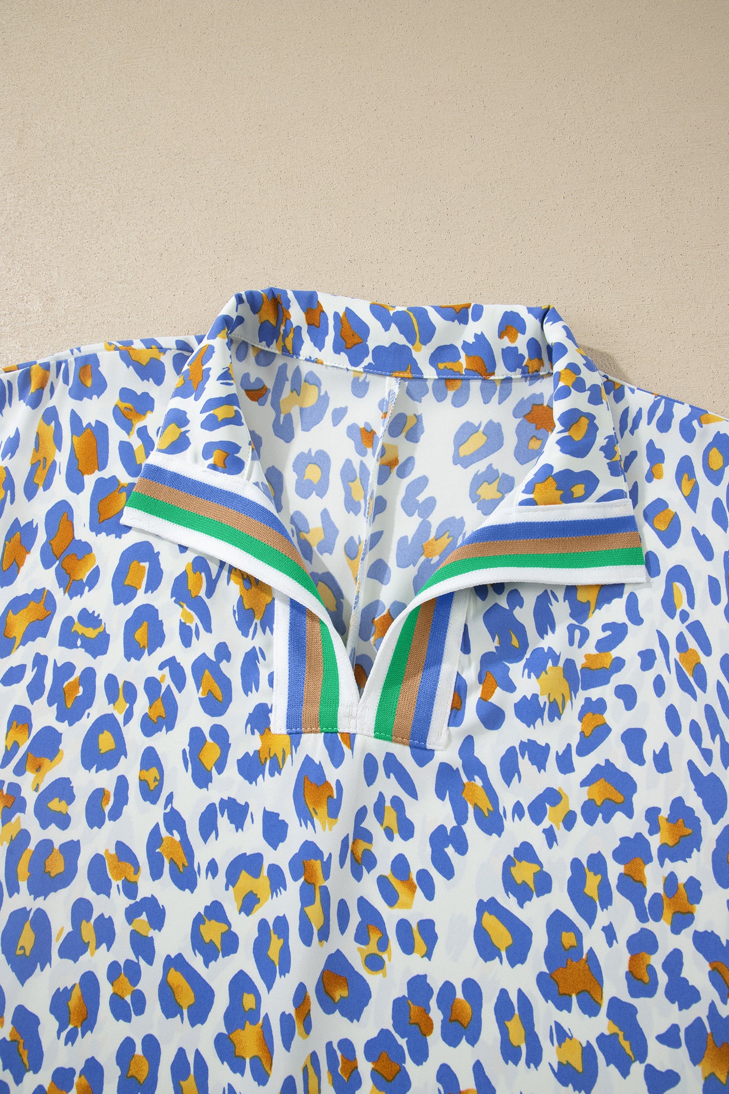 Sky Blue Leopard Color Block Contrast Striped V Neck Half Sleeve Loose Fit Blouse
