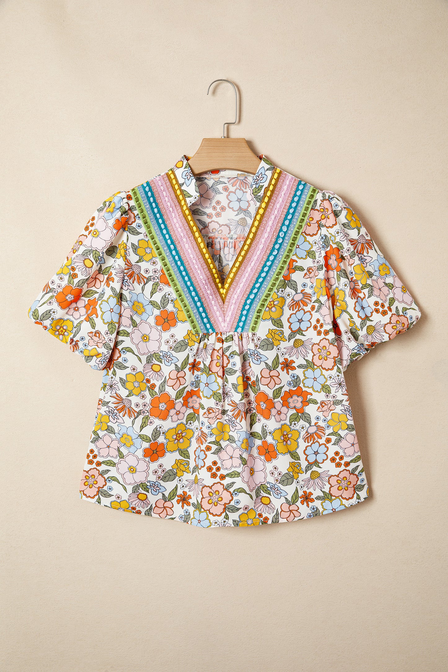 Multicolour Crochet V Neckline Puff Sleeve Boho Flower Blouse