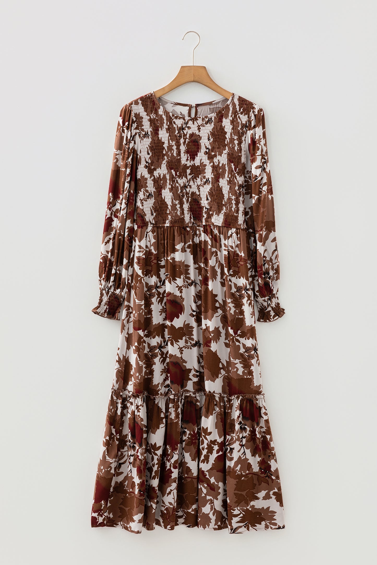 Orange Floral Puff Sleeve Smocked Bodice Ruffled Long Dress