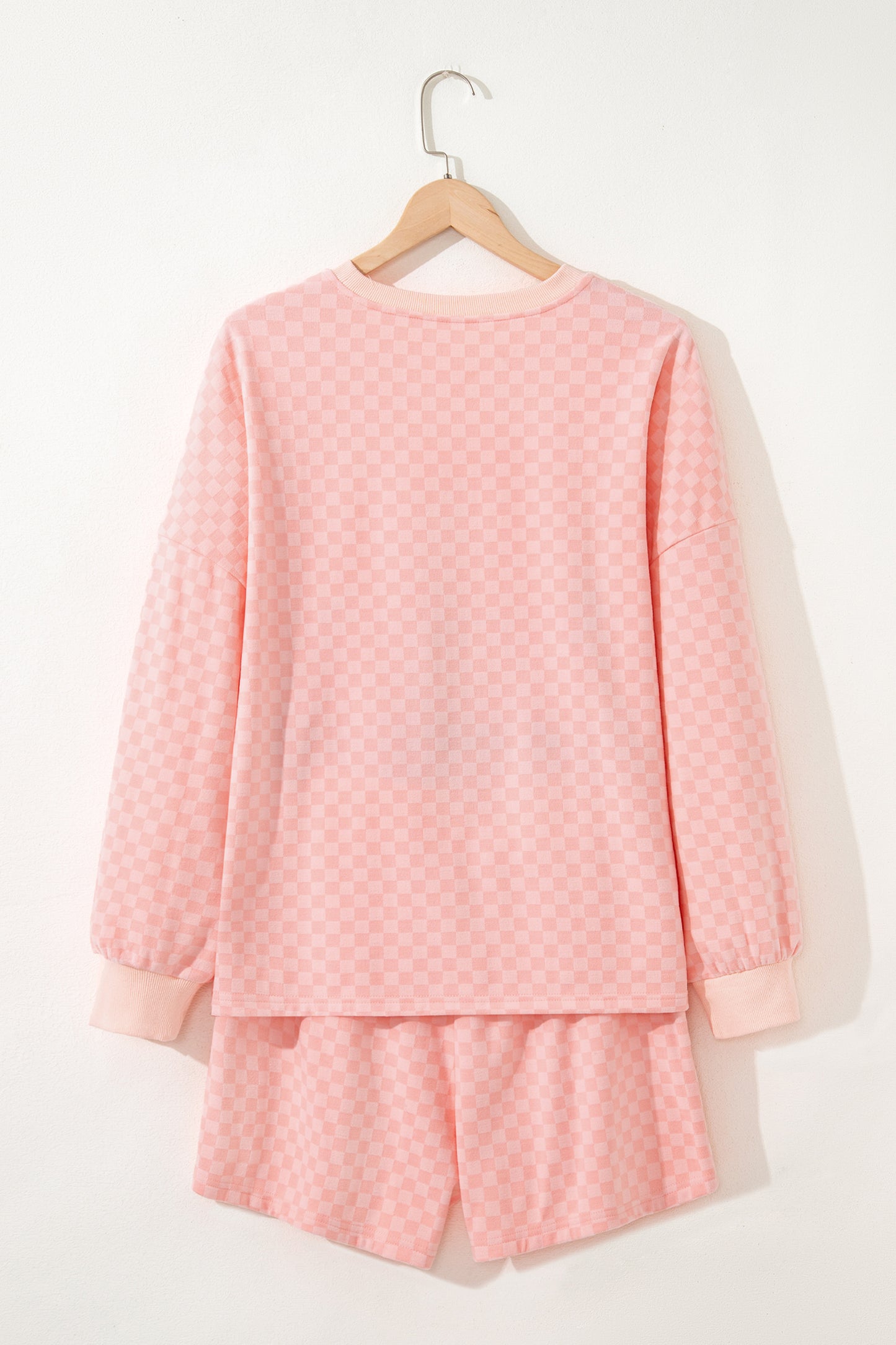 Pink Checkerboard Long Sleeve Pullover and Shorts Set