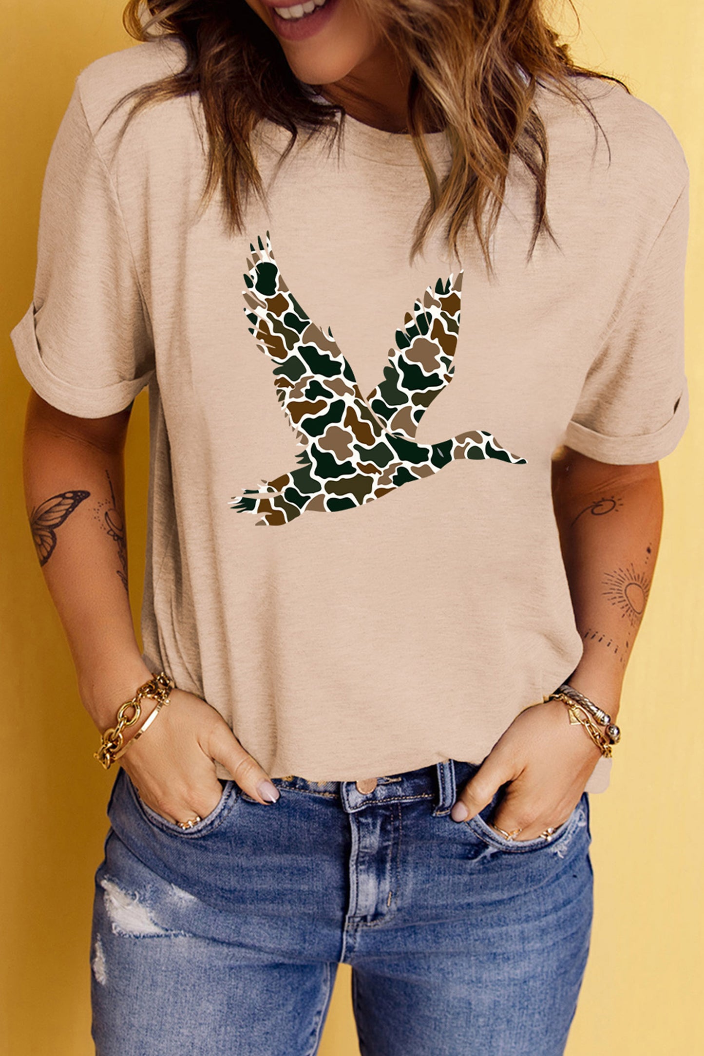Khaki Camo Flying Mallard Print Summer Casual Tee