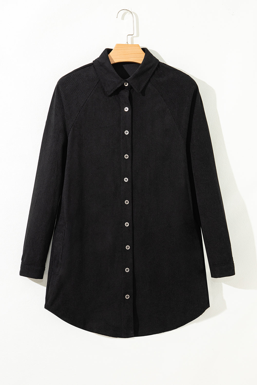 Black Corduroy Shirt Style Full Button Long Sleeve Shift Mini Dress