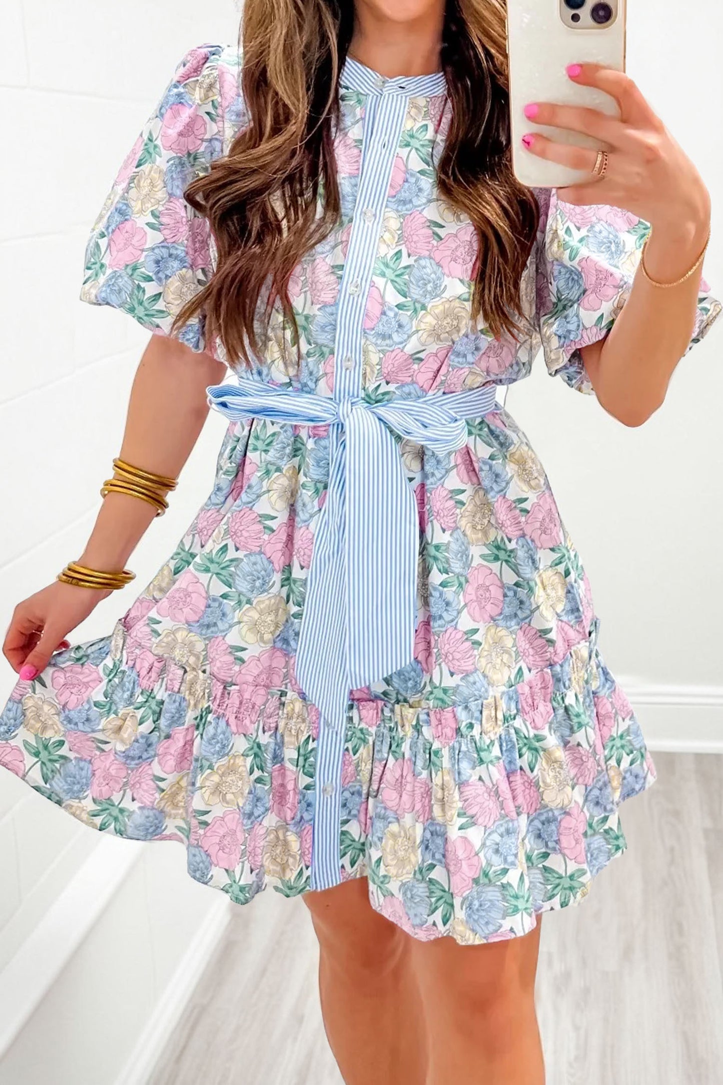 White Floral Print Striped Contrast Trim Belted Short Dress
