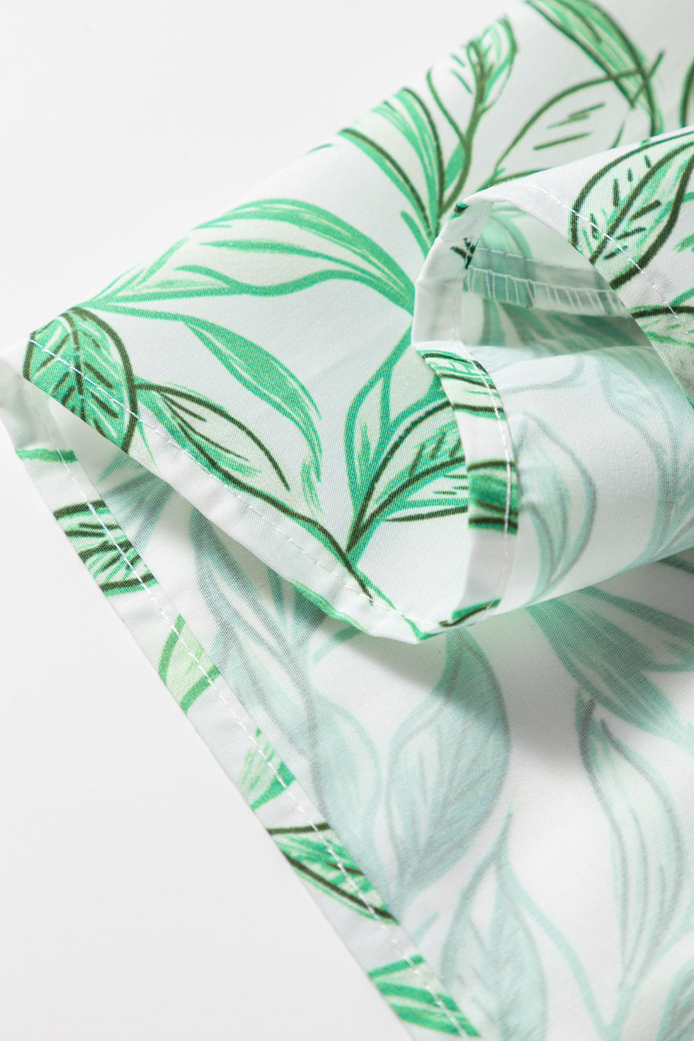 Green Leaves Pattern Color Block V Neck Puff Sleeve Blouse