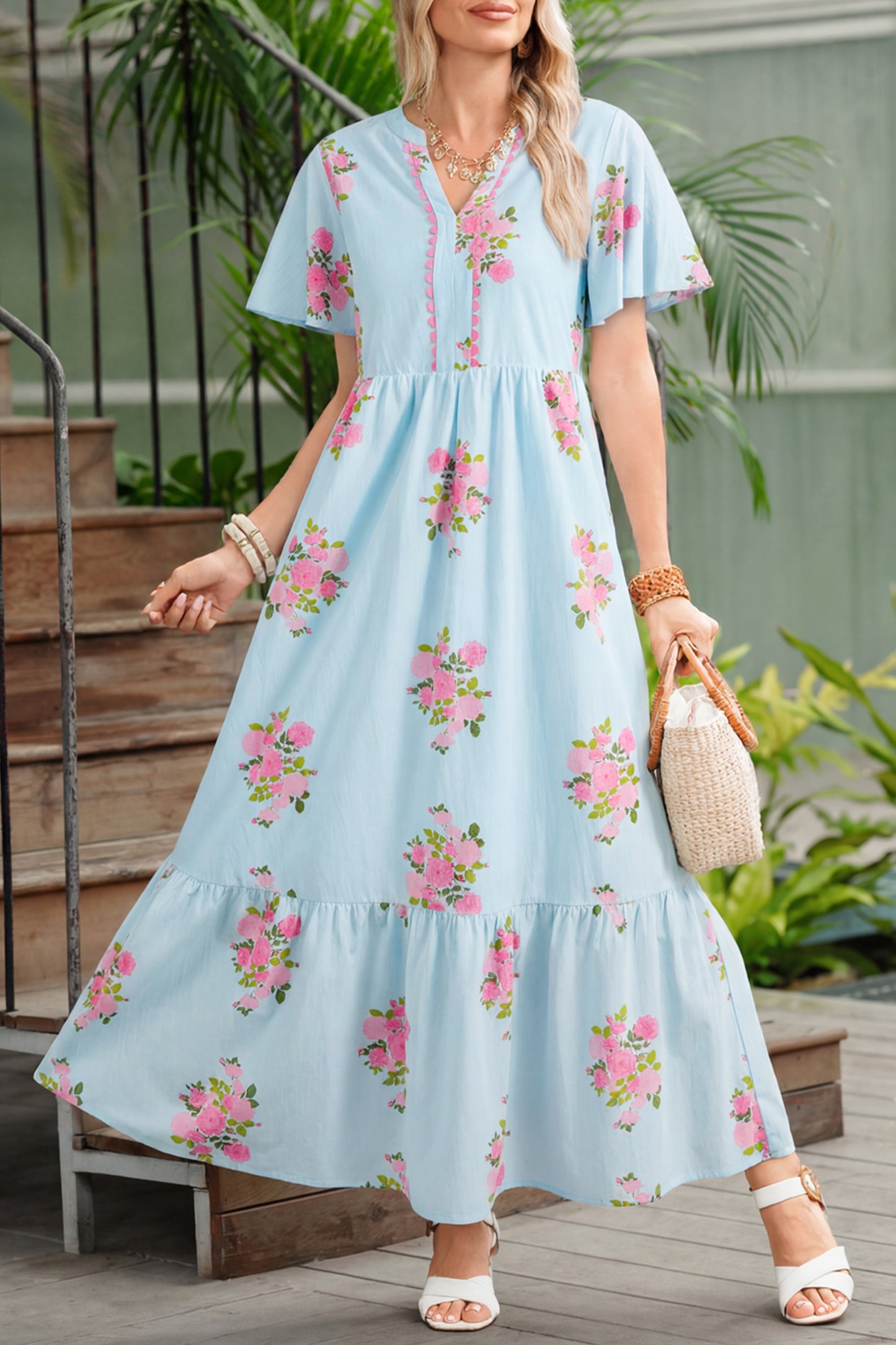 Pink Notched Neck Flutter Short Sleeve Floral Print Maxi Dress