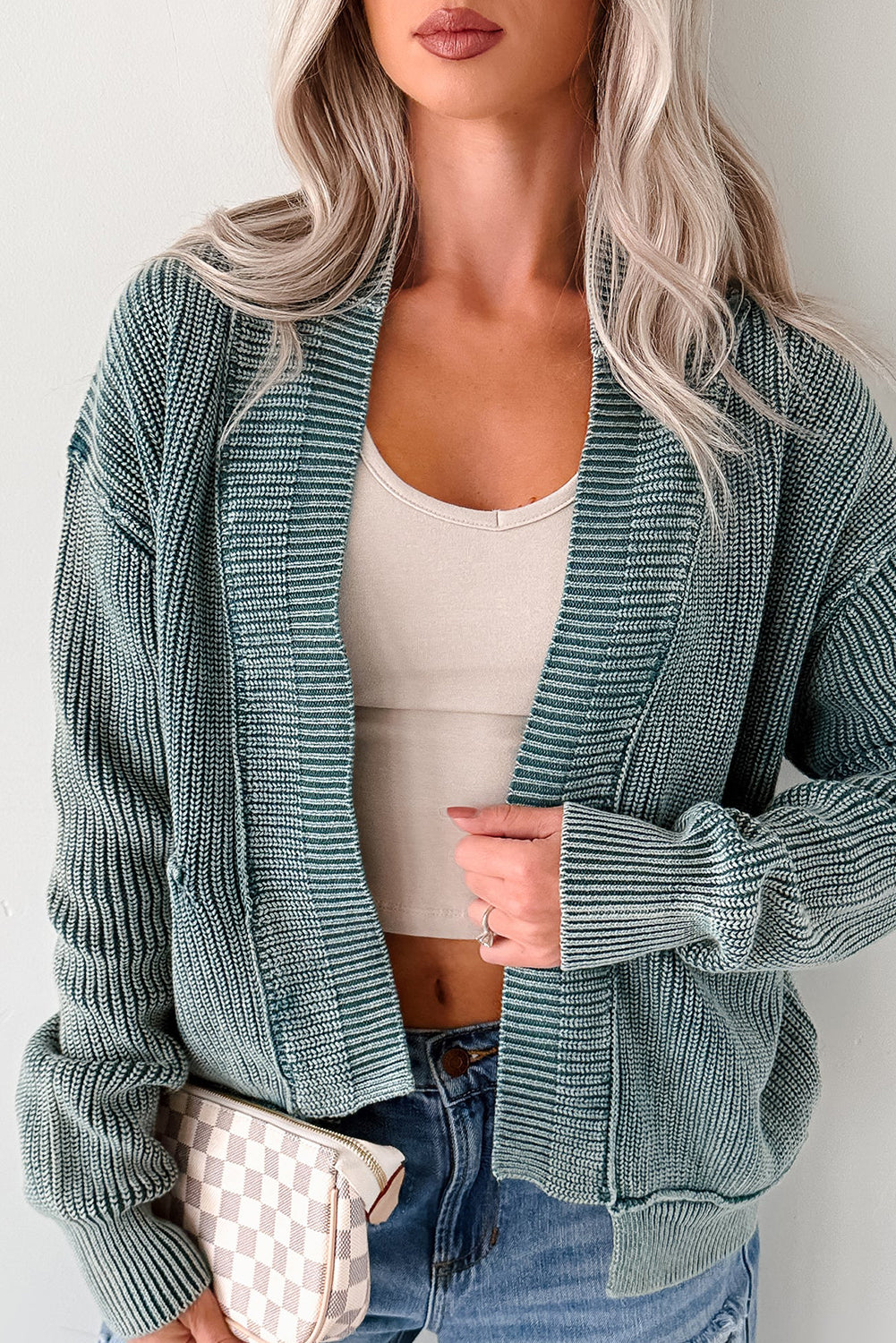 Dark Brown Mineral Wash Exposed Seam Patchwork Knit Cardigan