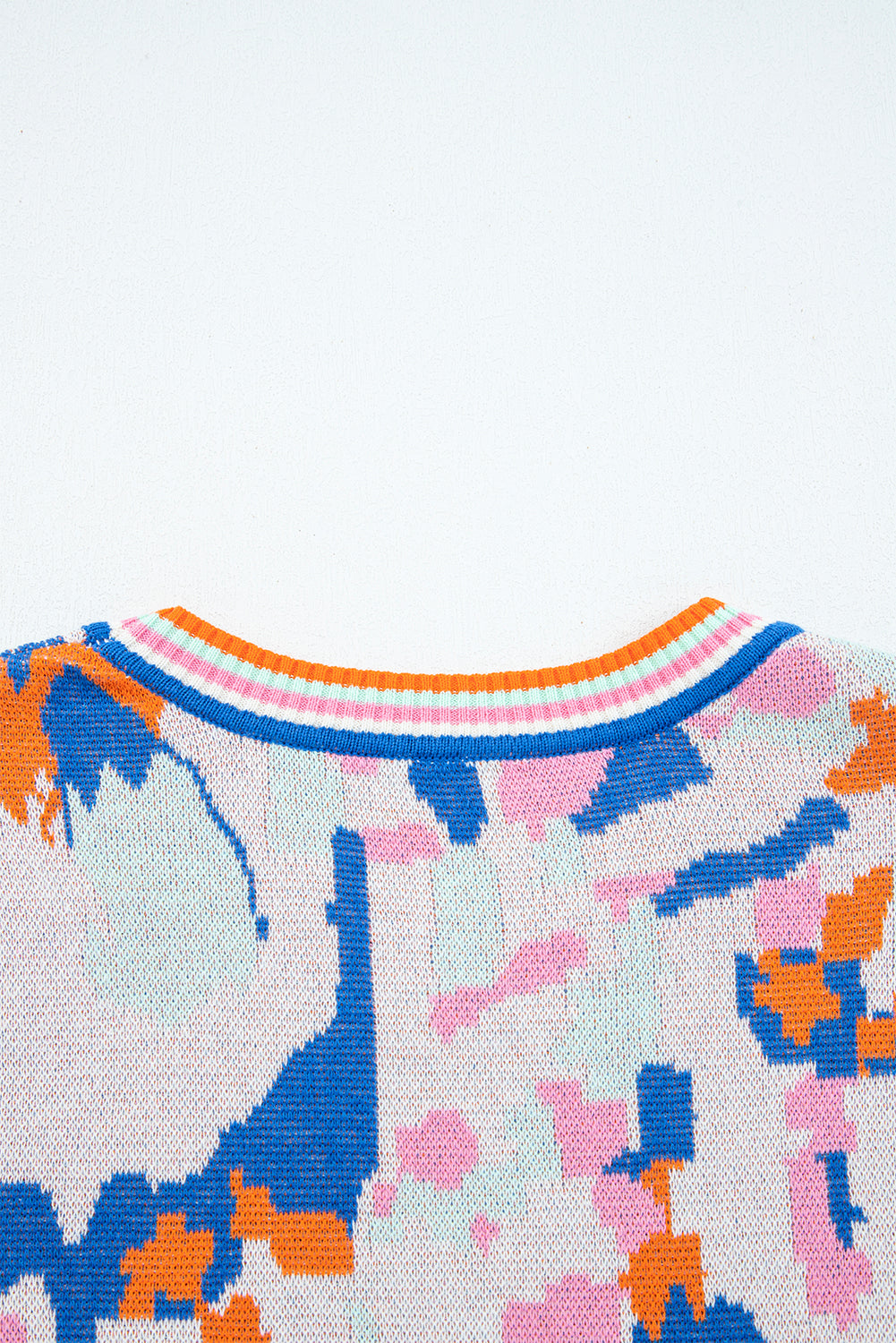 Apricot Abstract Pattern Contrast Striped Trim Short Sleeve Sweater