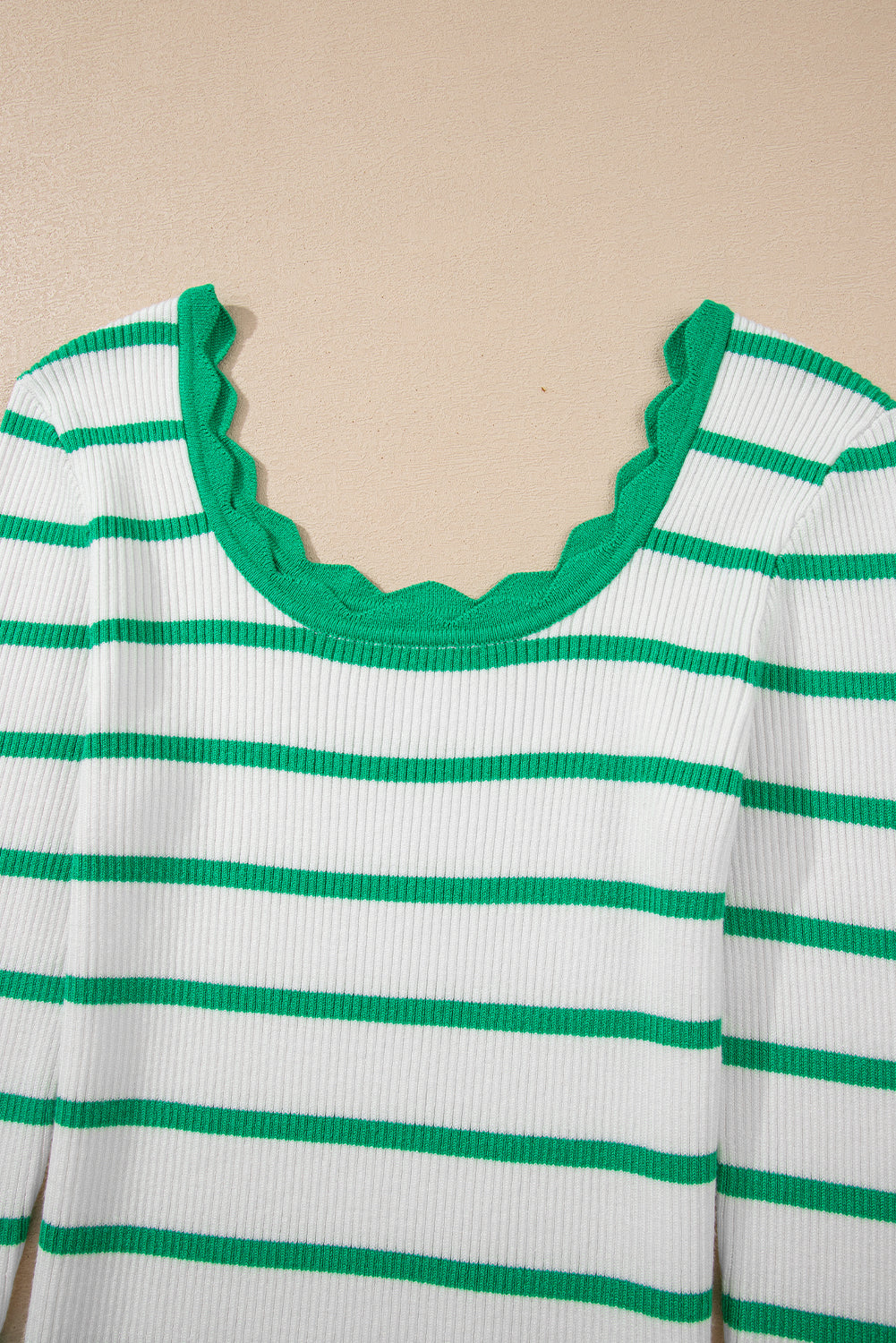 Bright Green Scalloped Edge Striped Long Sleeve Sweater