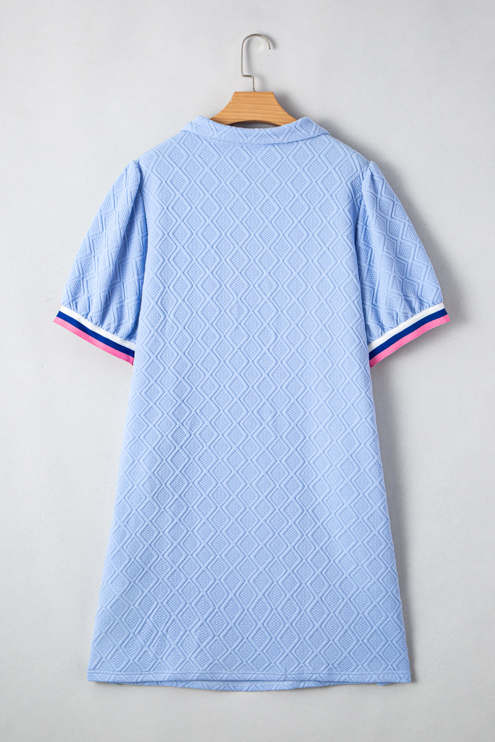 Beau Blue Contrast Striped Trim Zipped Stand Collar Textured Puff Sleeve Plus Size T Shirt Dress