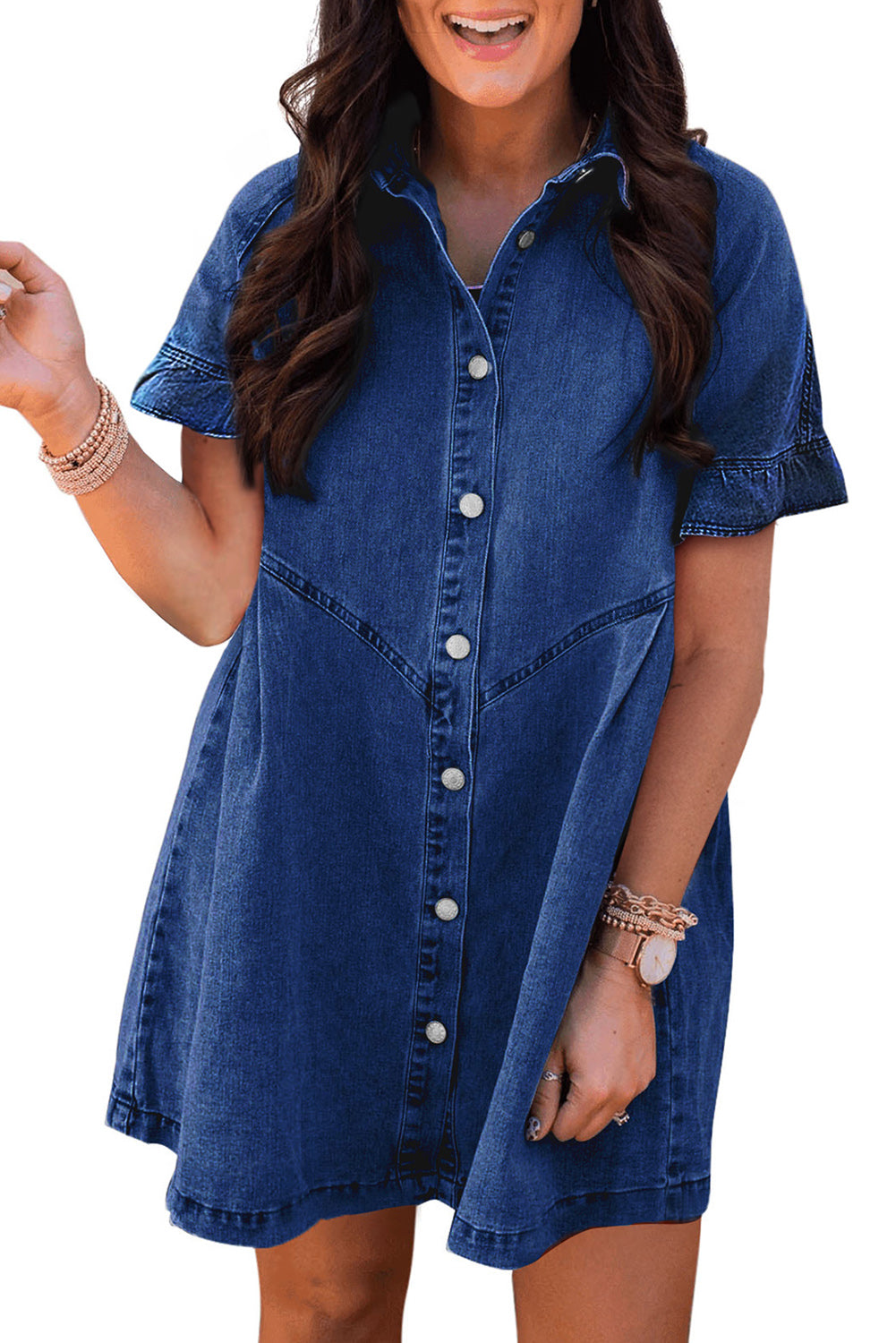 Dark Blue Short Sleeve Button Up Loose Denim Shirt Dress