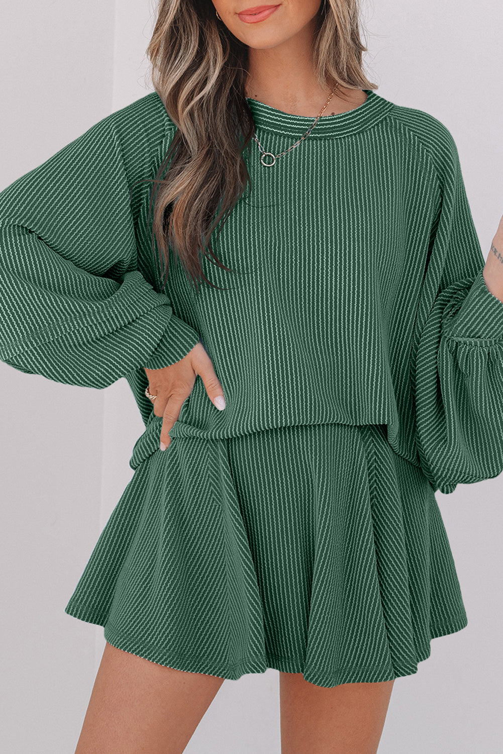 Mist Green Corded Lantern Sleeve Top High Waist Ruffled Mini Skort Set