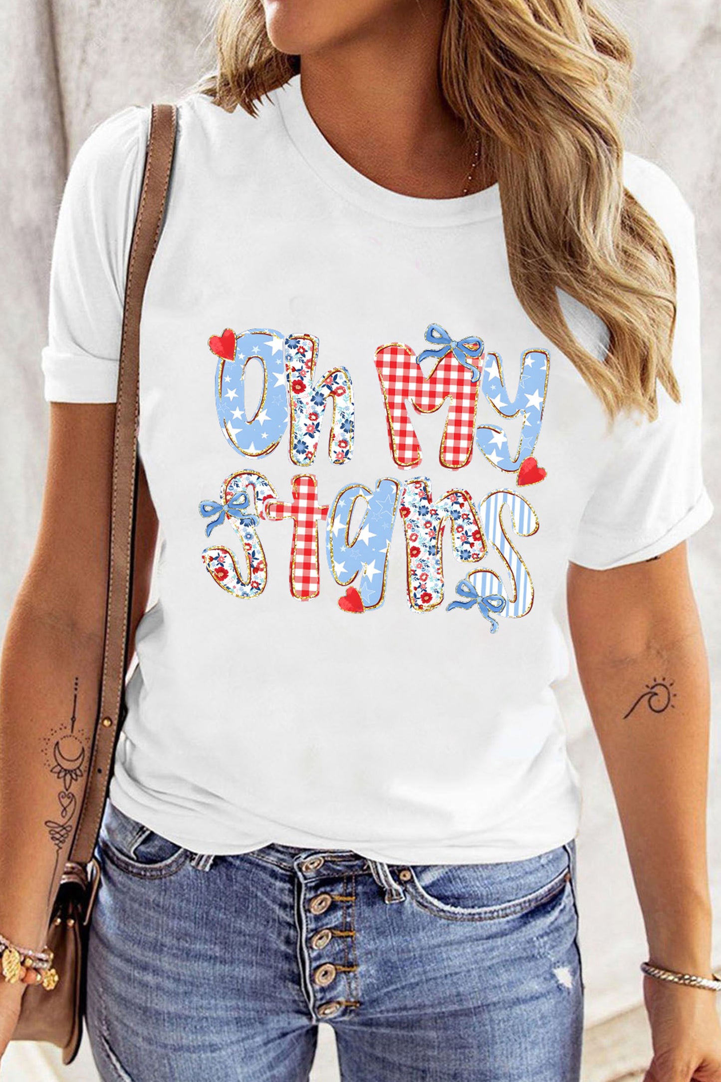 White Patriotic Oh My Stars Slogan Graphic T-Shirt