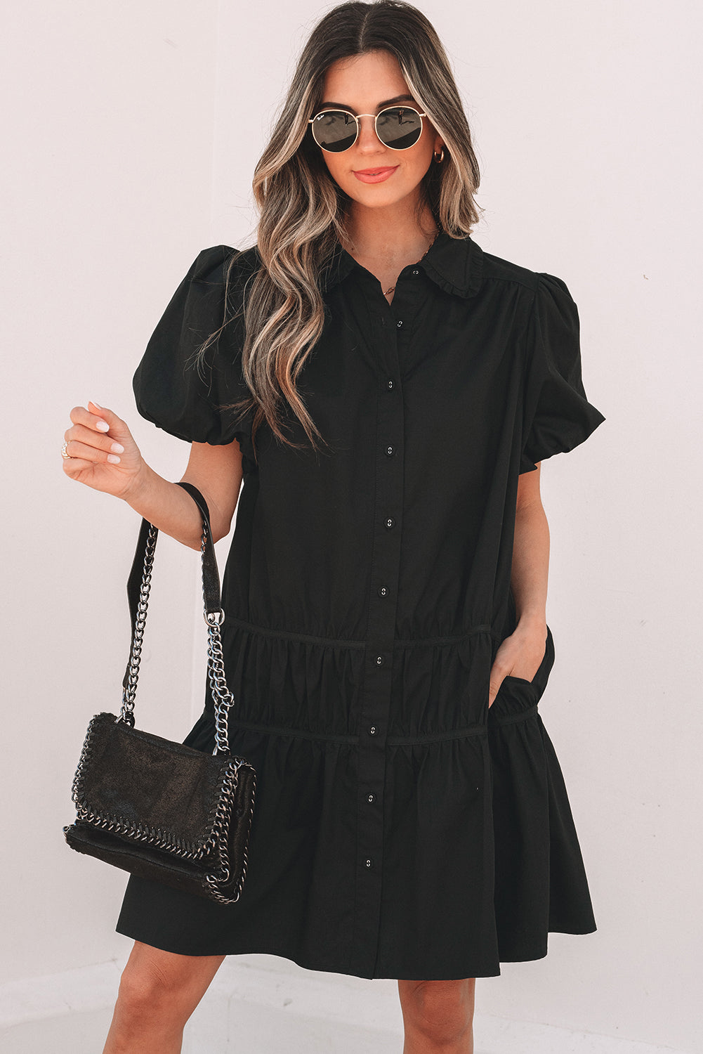 Black Shirt Style Button Down Puff Sleeve Ruffle Hem Dress – Lifestyle