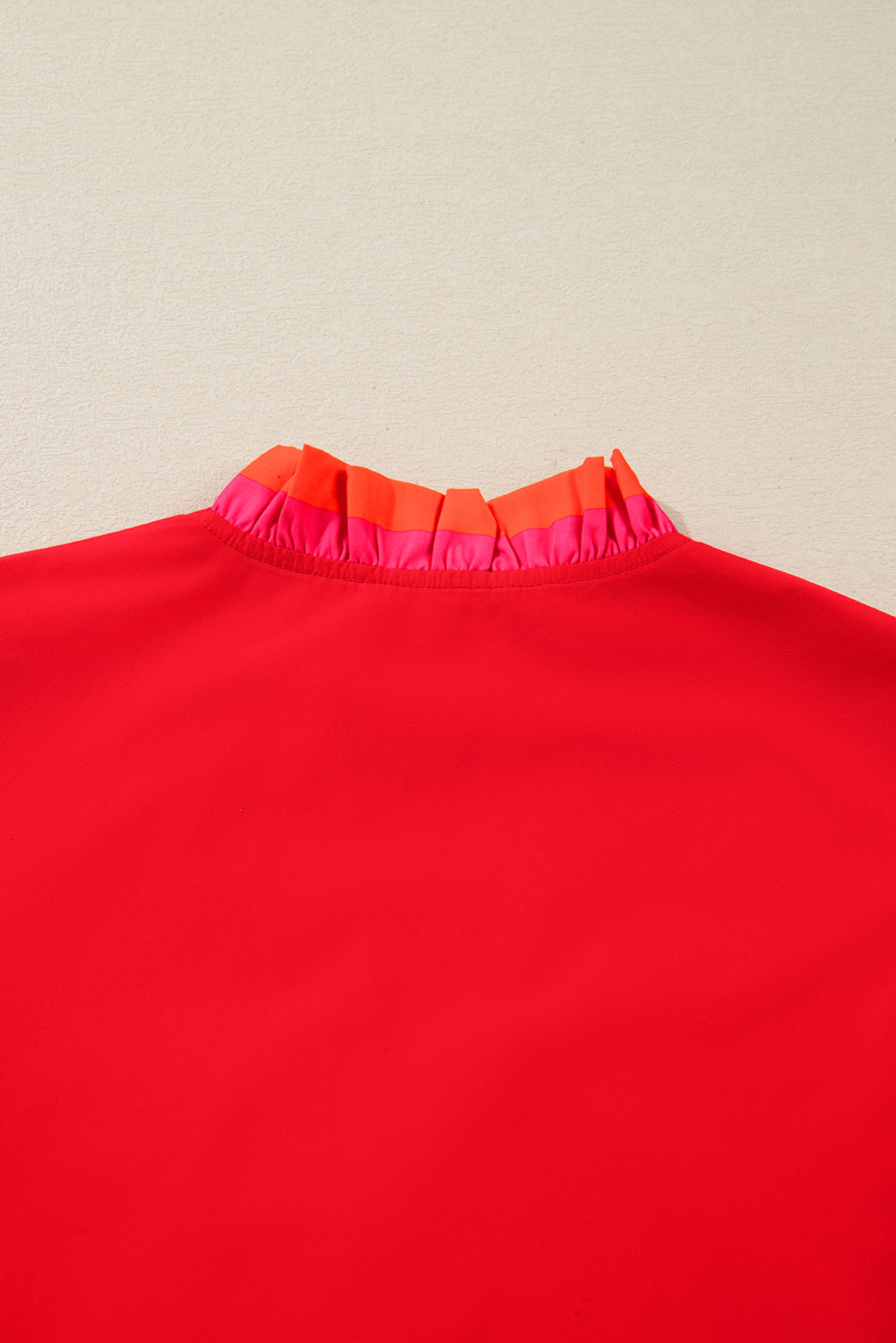 Fiery Red Striped Trim Ruffle Split Neck Long Sleeve Blouse