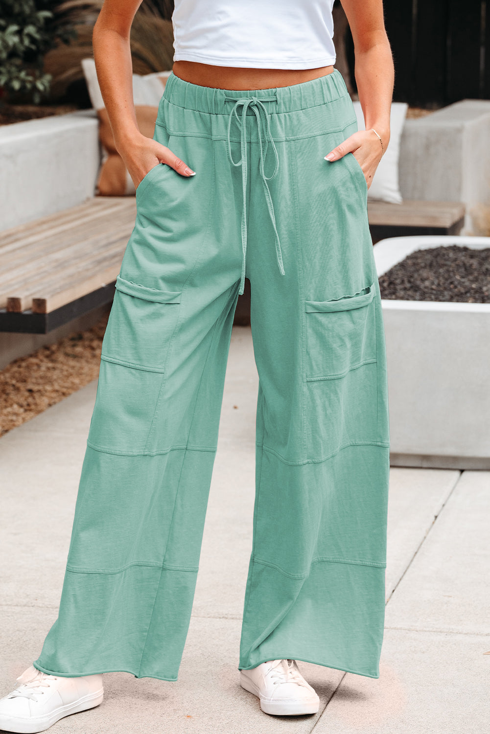 Mint Green Mineral Wash Exposed Seam Drawstring High Waist Wide Leg Cargo Pants