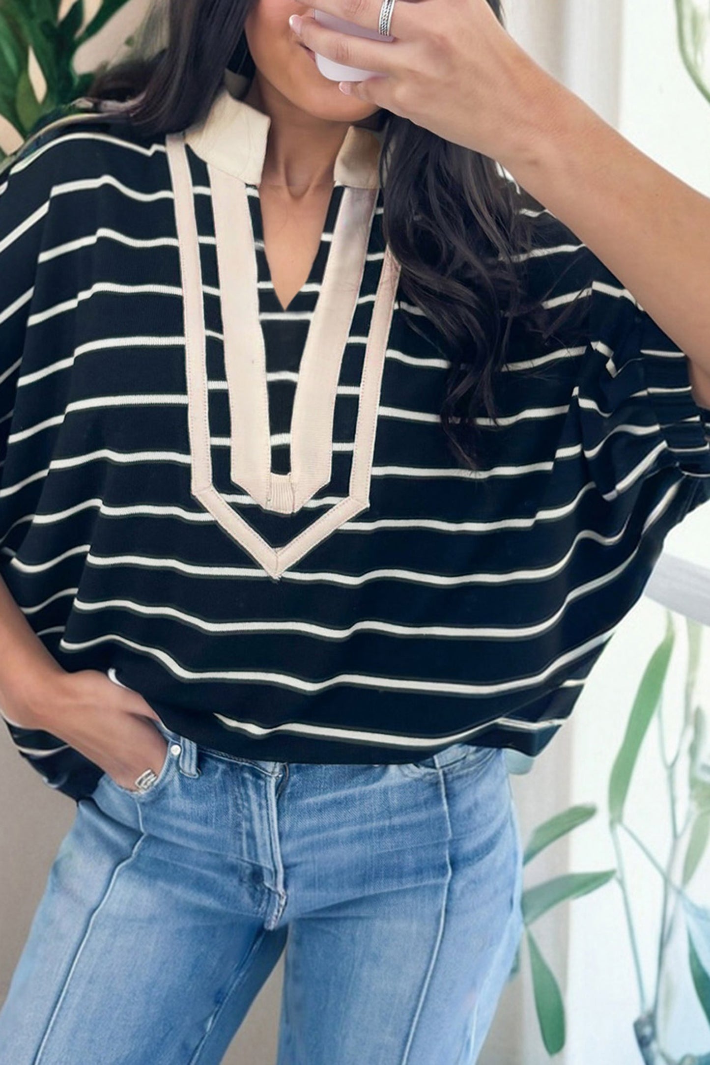 White Stripe Stand Collar V Neck Elastic Cuffs Half Sleeve Dolman Top